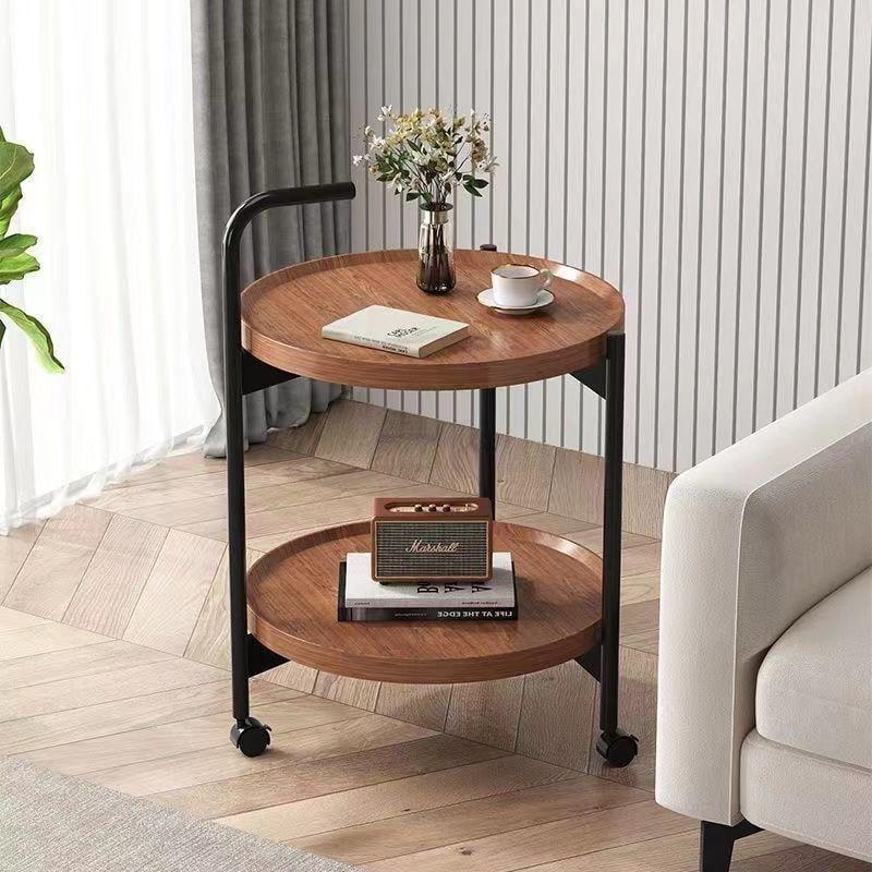 Mesa De Centro Lateral Living Redonda Doble Con Rueda Freno Color Marrón-6