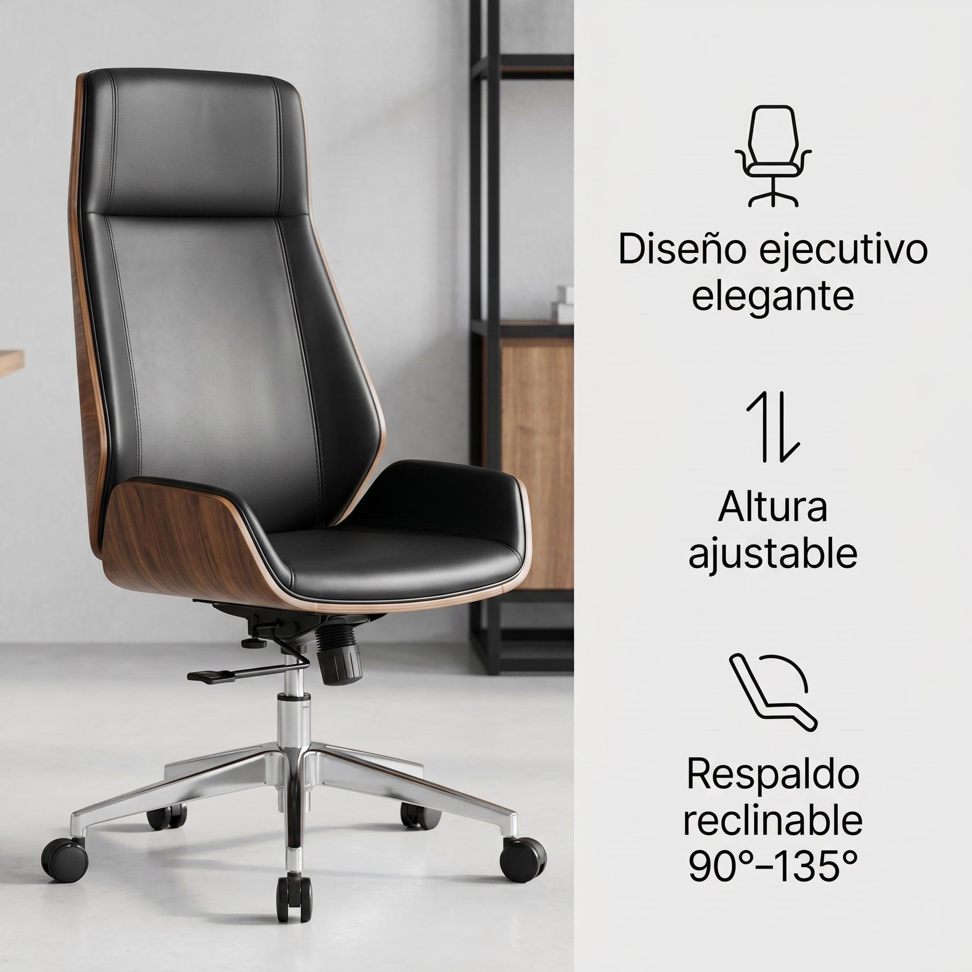 Silla Oficina Gerencial Respaldo Madera Asiento De Cuero Negro Cuero Sintético-2