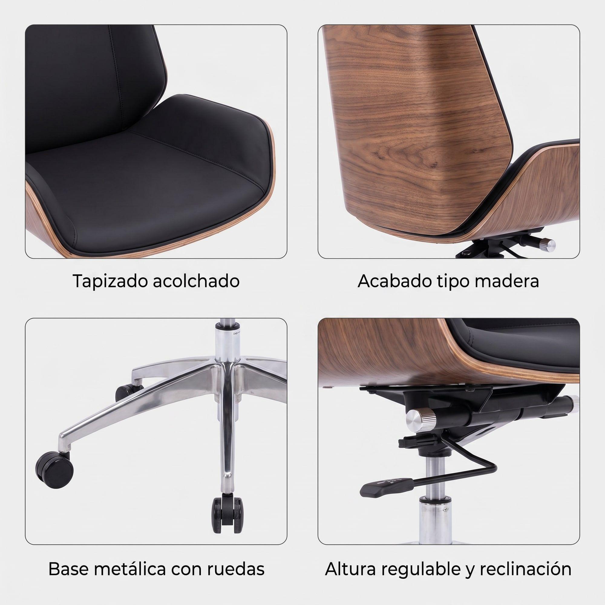 Silla Oficina Gerencial Respaldo Madera Asiento De Cuero Negro Cuero Sintético-4
