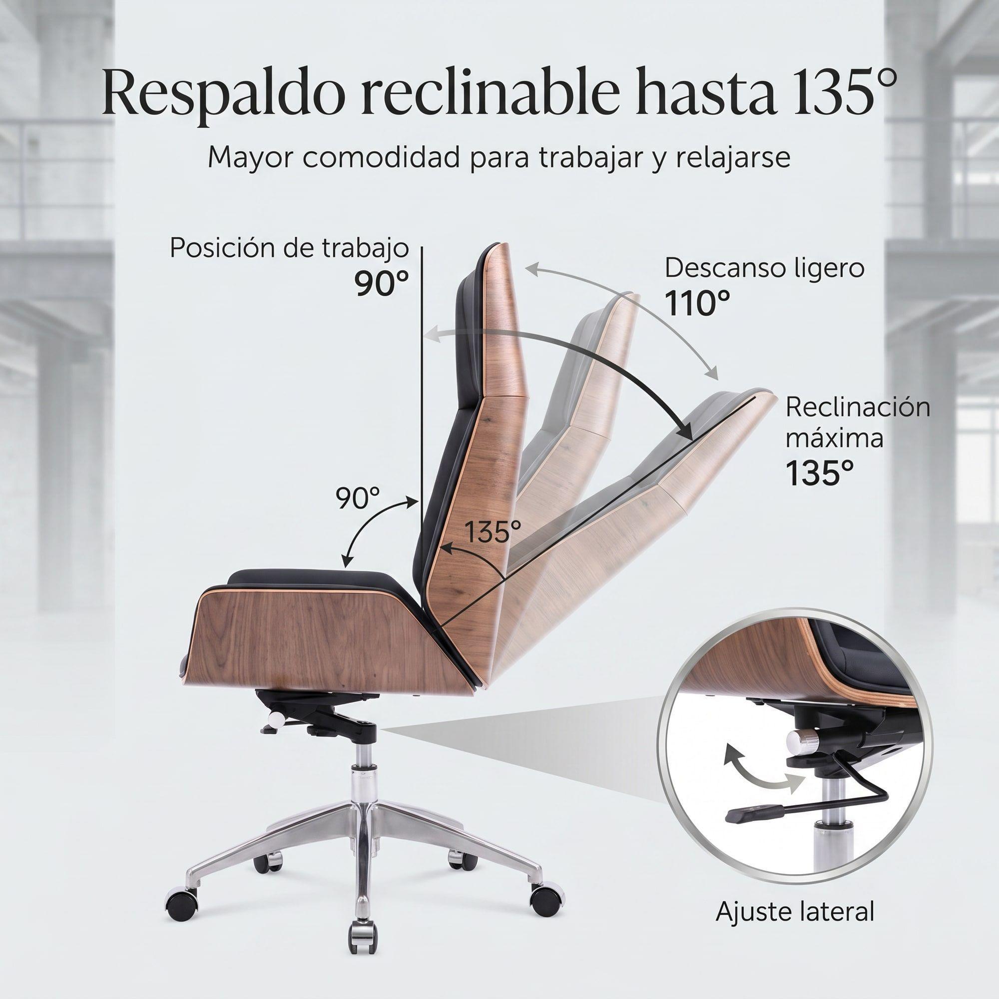 Silla Oficina Gerencial Respaldo Madera Asiento De Cuero Negro Cuero Sintético-5