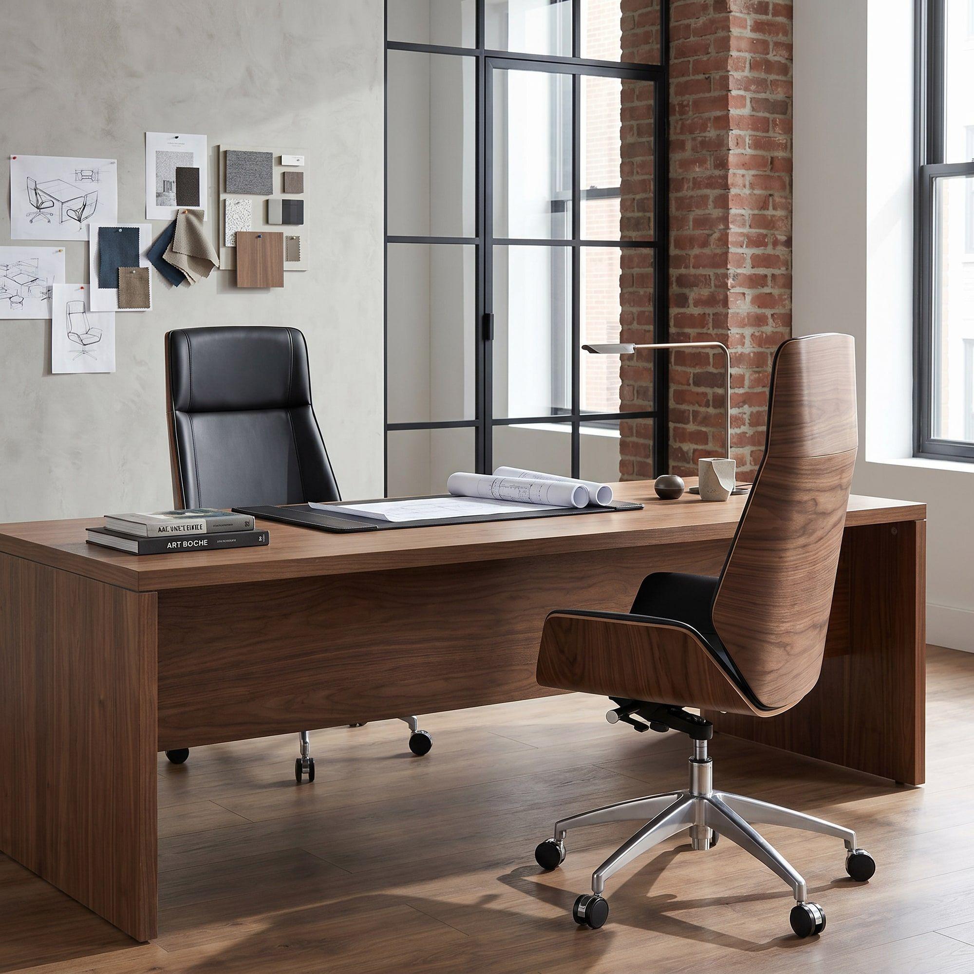 Silla Oficina Gerencial Respaldo Madera Asiento De Cuero Negro Cuero Sintético-6