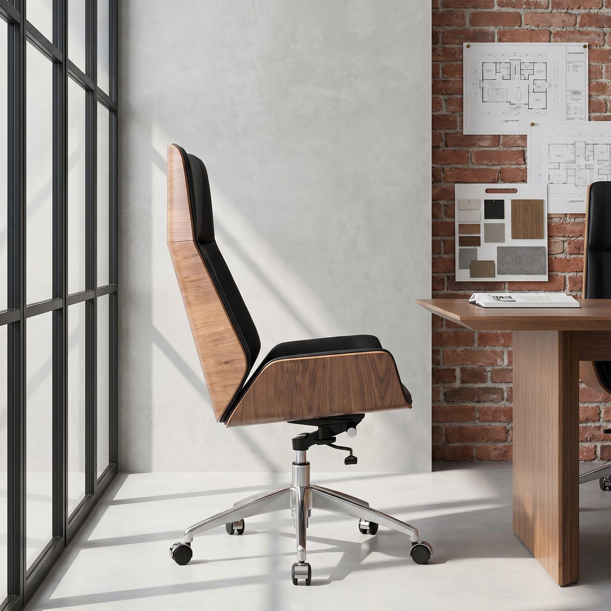 Silla Oficina Gerencial Respaldo Madera Asiento De Cuero Negro Cuero Sintético-7