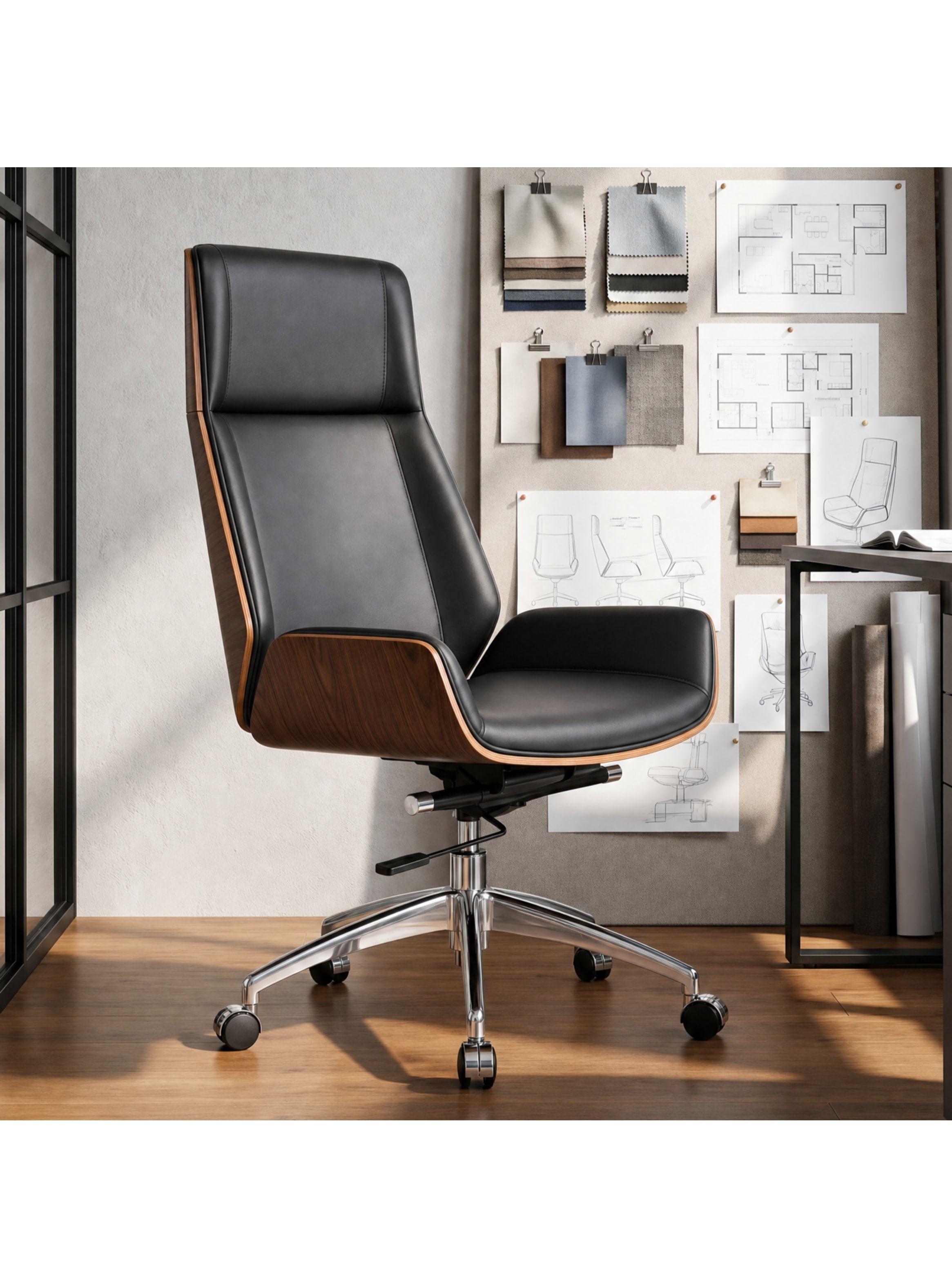 Silla Oficina Gerencial Respaldo Madera Asiento De Cuero Negro Cuero Sintético-0