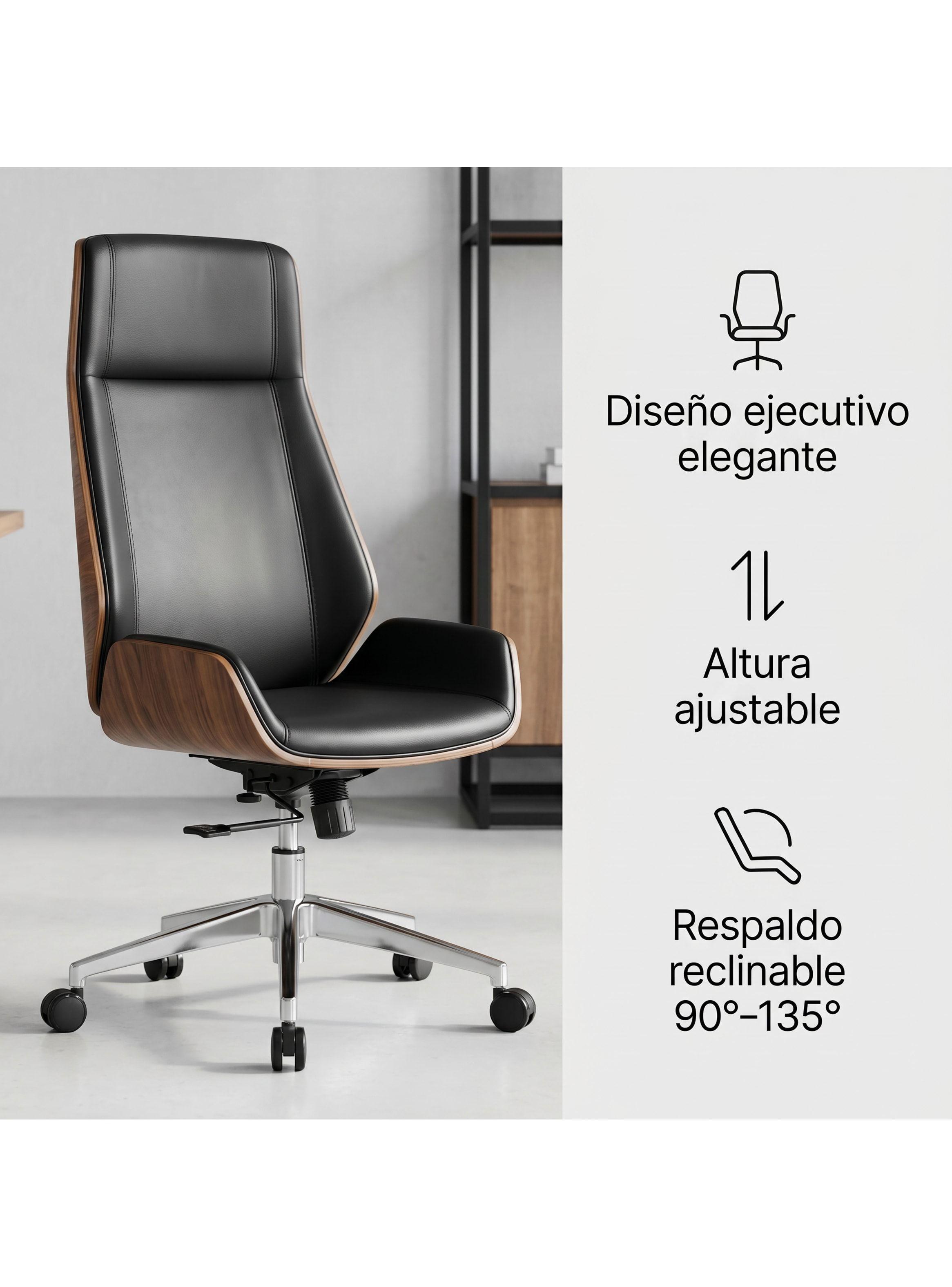 Silla Oficina Gerencial Respaldo Madera Asiento De Cuero Negro Cuero Sintético-2