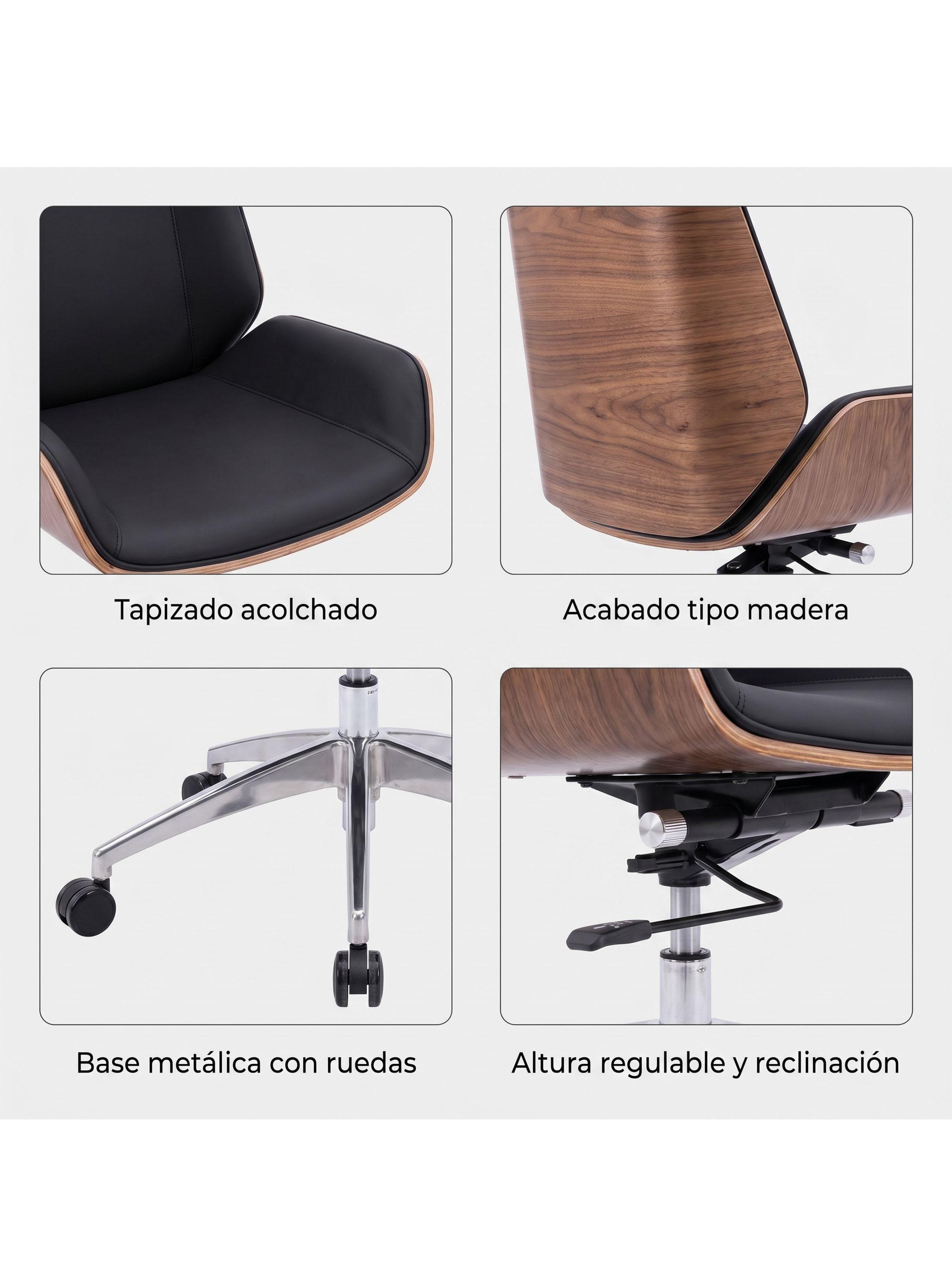 Silla Oficina Gerencial Respaldo Madera Asiento De Cuero Negro Cuero Sintético-4