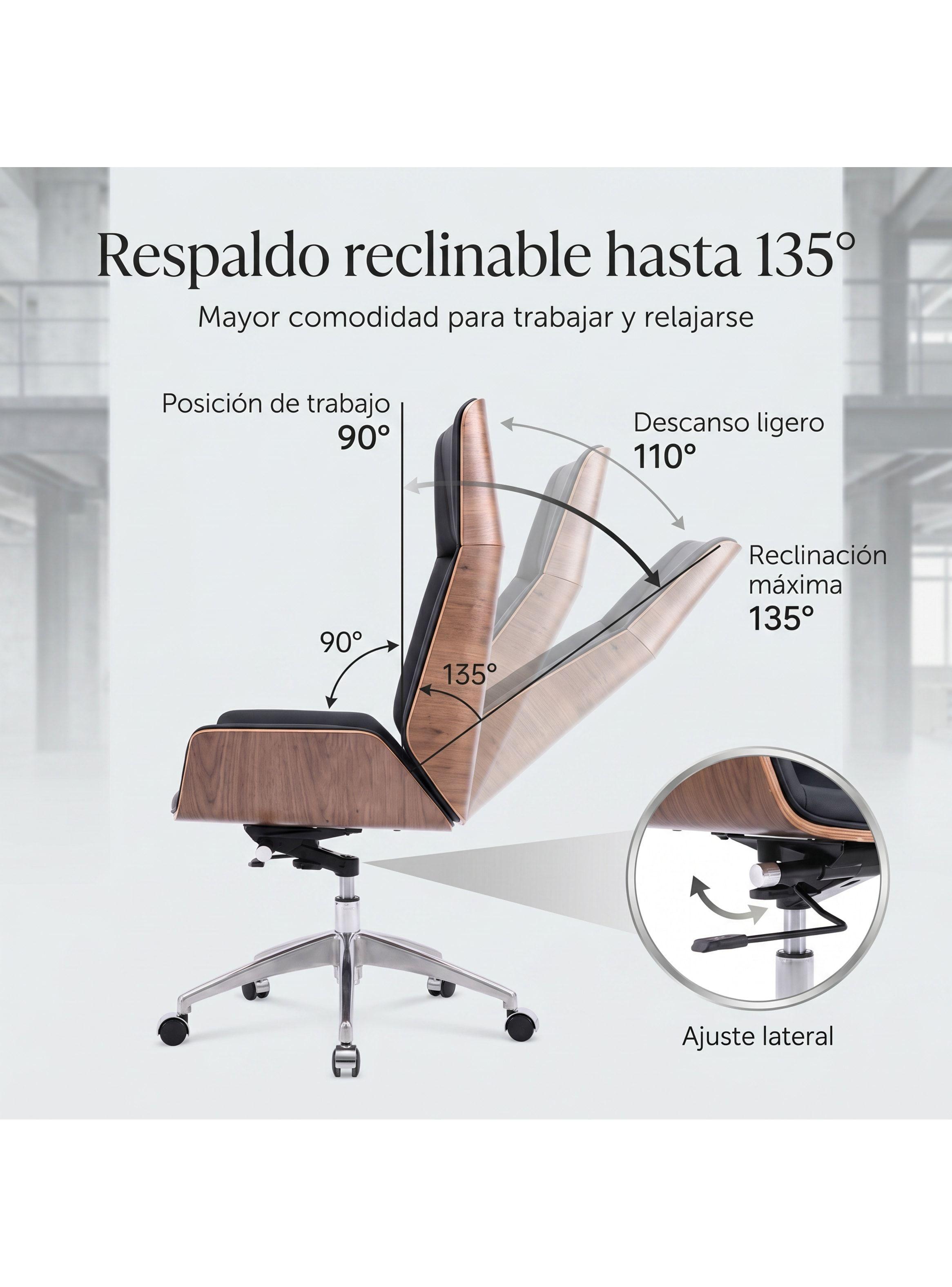 Silla Oficina Gerencial Respaldo Madera Asiento De Cuero Negro Cuero Sintético-5