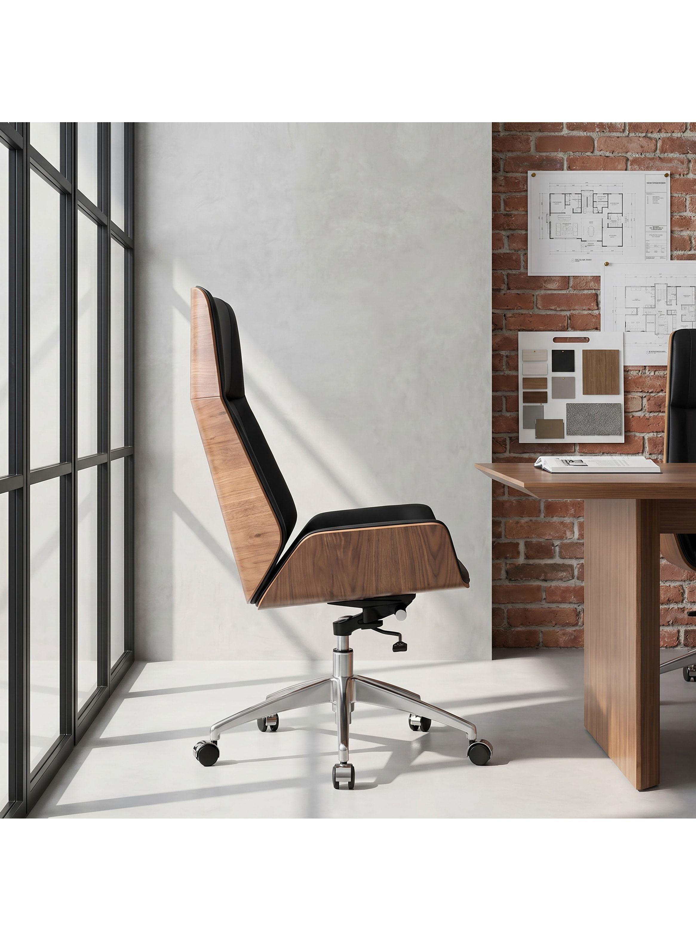 Silla Oficina Gerencial Respaldo Madera Asiento De Cuero Negro Cuero Sintético-7