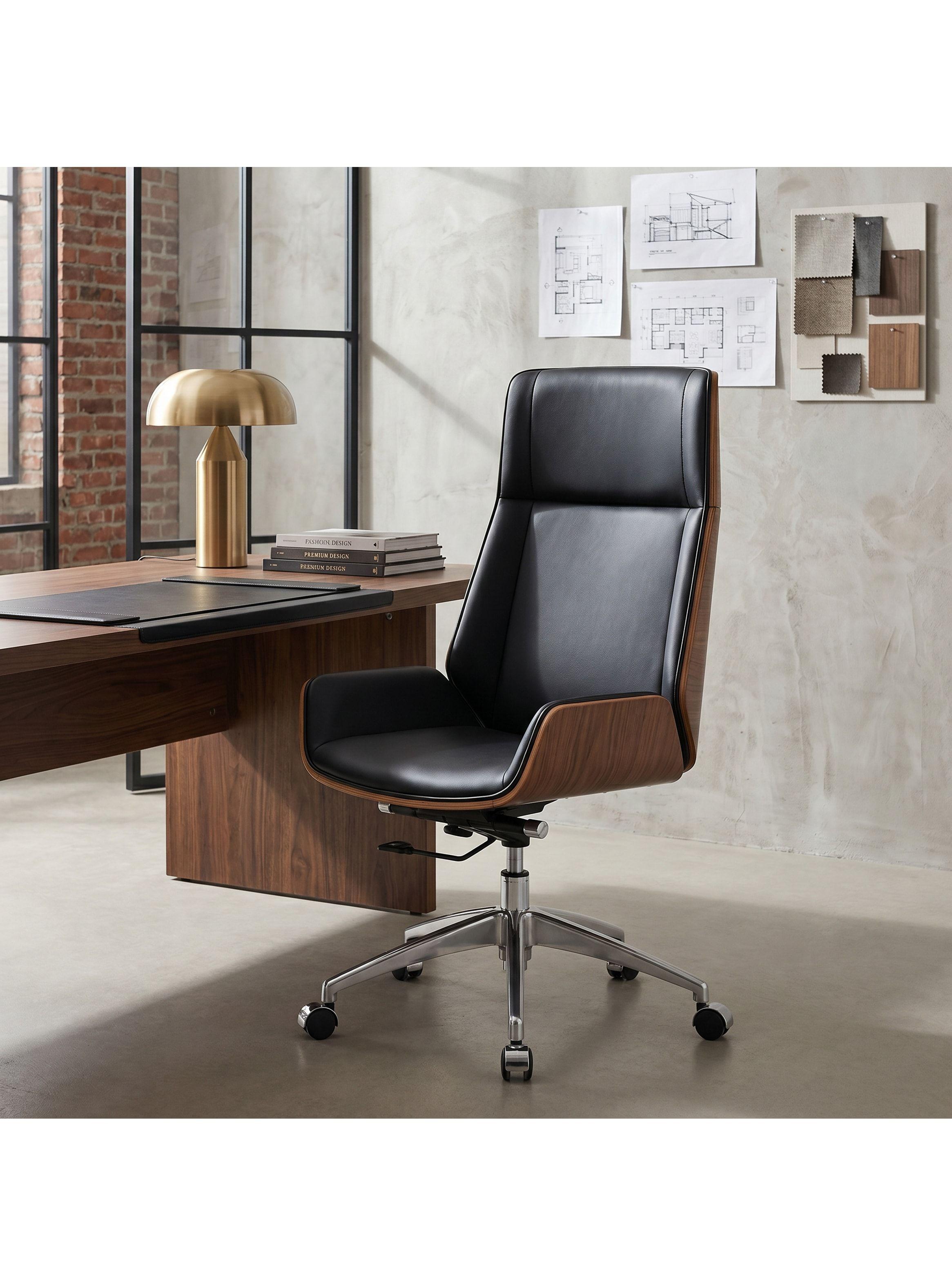 Silla Oficina Gerencial Respaldo Madera Asiento De Cuero Negro Cuero Sintético-8