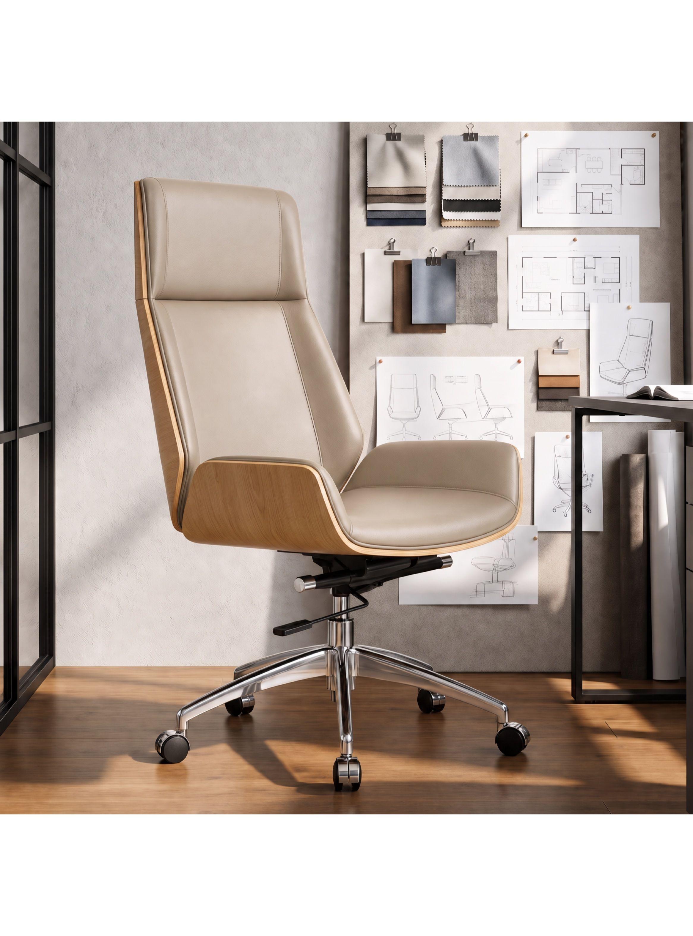 Silla Oficina Gerencial Respaldo Madera Asiento De Cuero Negro Cuero Sintético-0