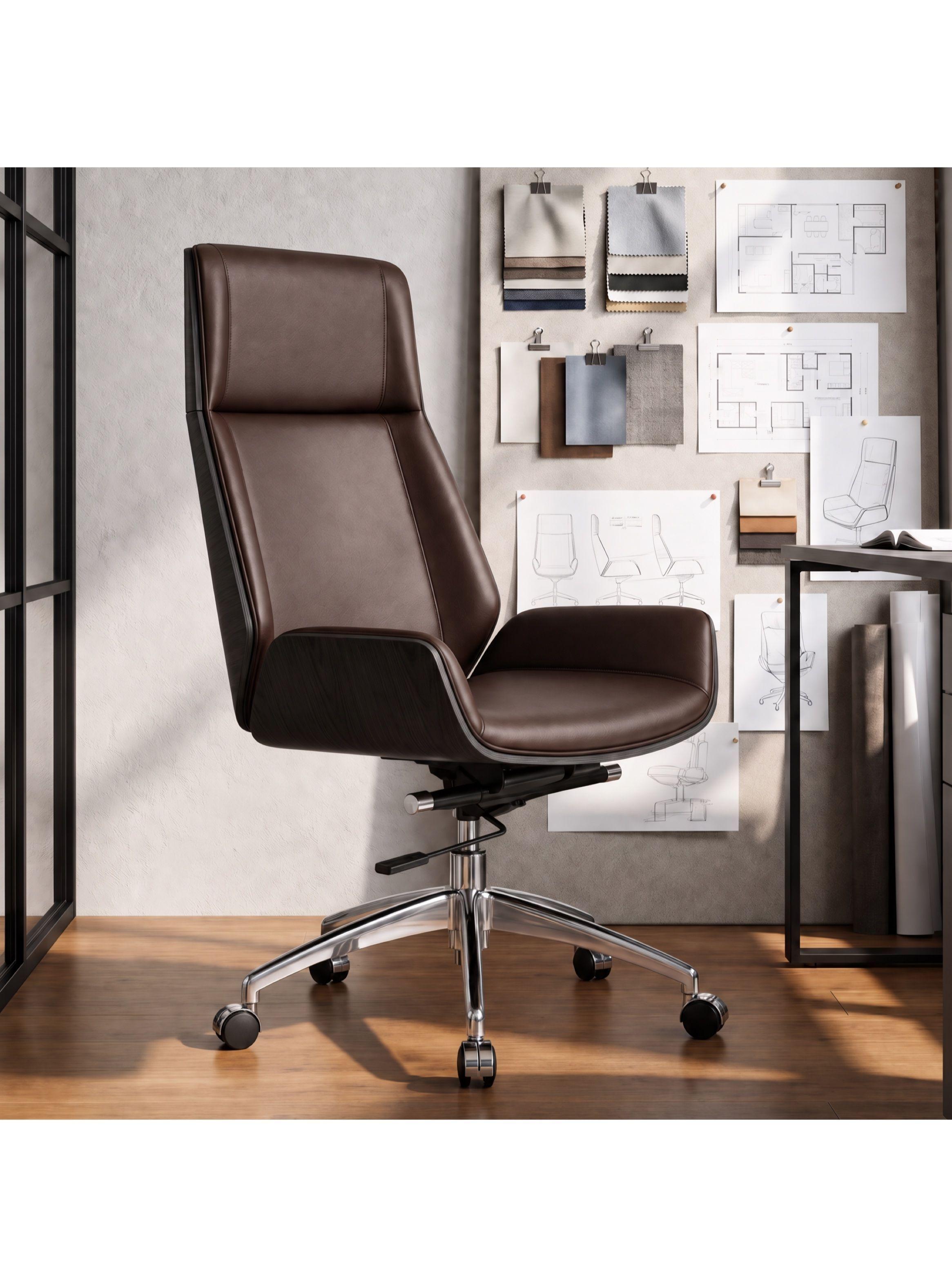Silla Oficina Gerencial Respaldo Madera Asiento De Cuero Negro Cuero Sintético-0