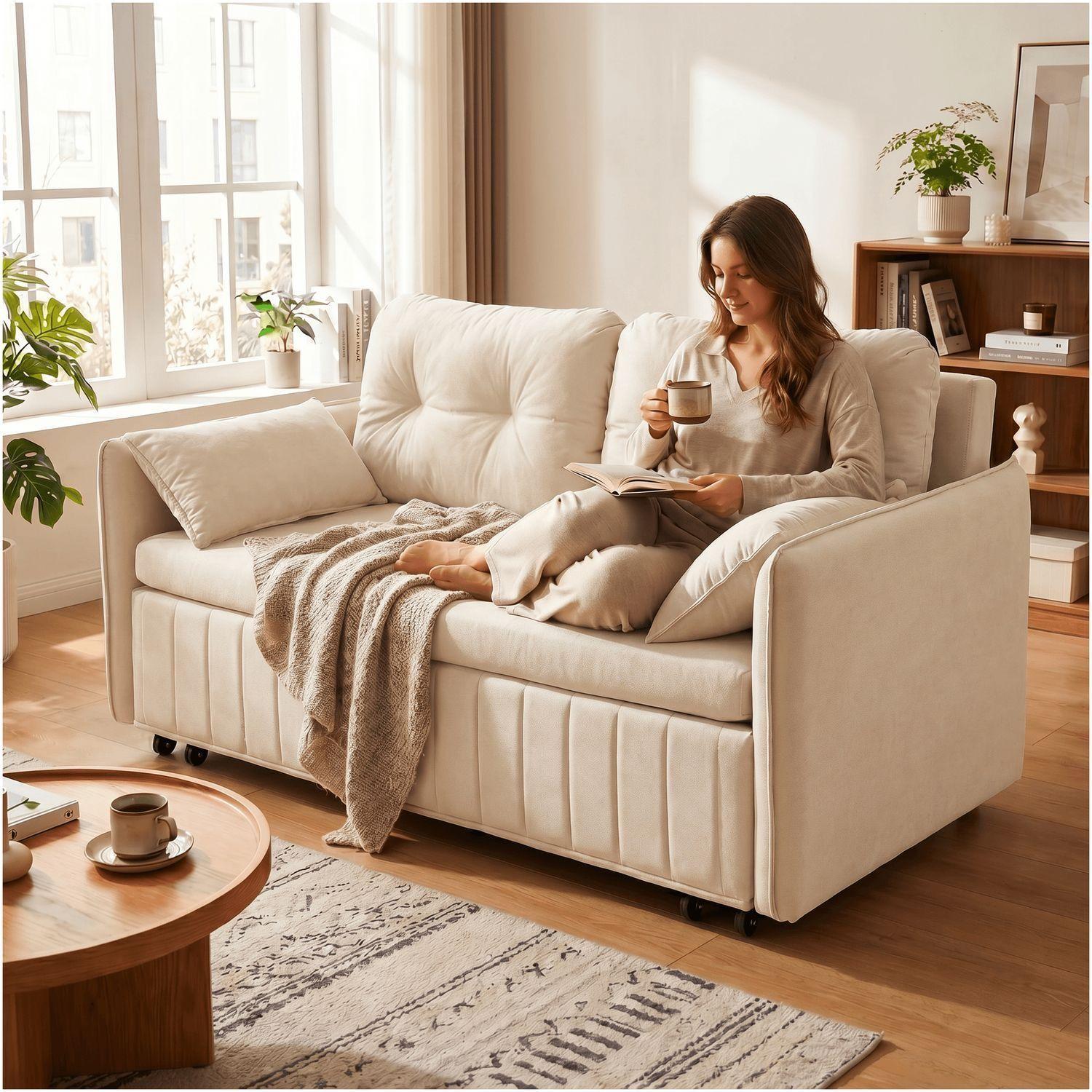 Sofa Cama 170cm tela tecnica Base De Fierro con Almacenamiento BLANCO-2