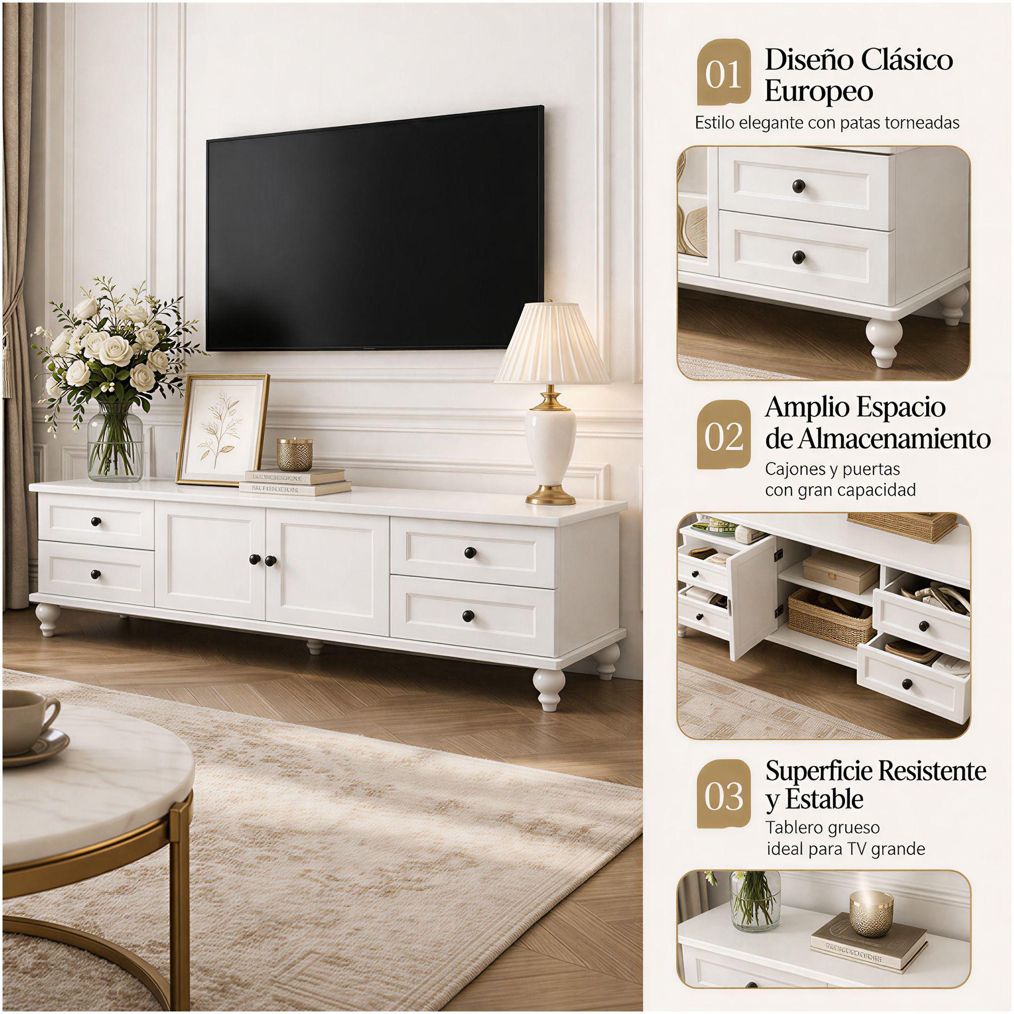 Rack Tv 160x34x42cm Melamina Estilo Europeo Con Patas Blanco-3