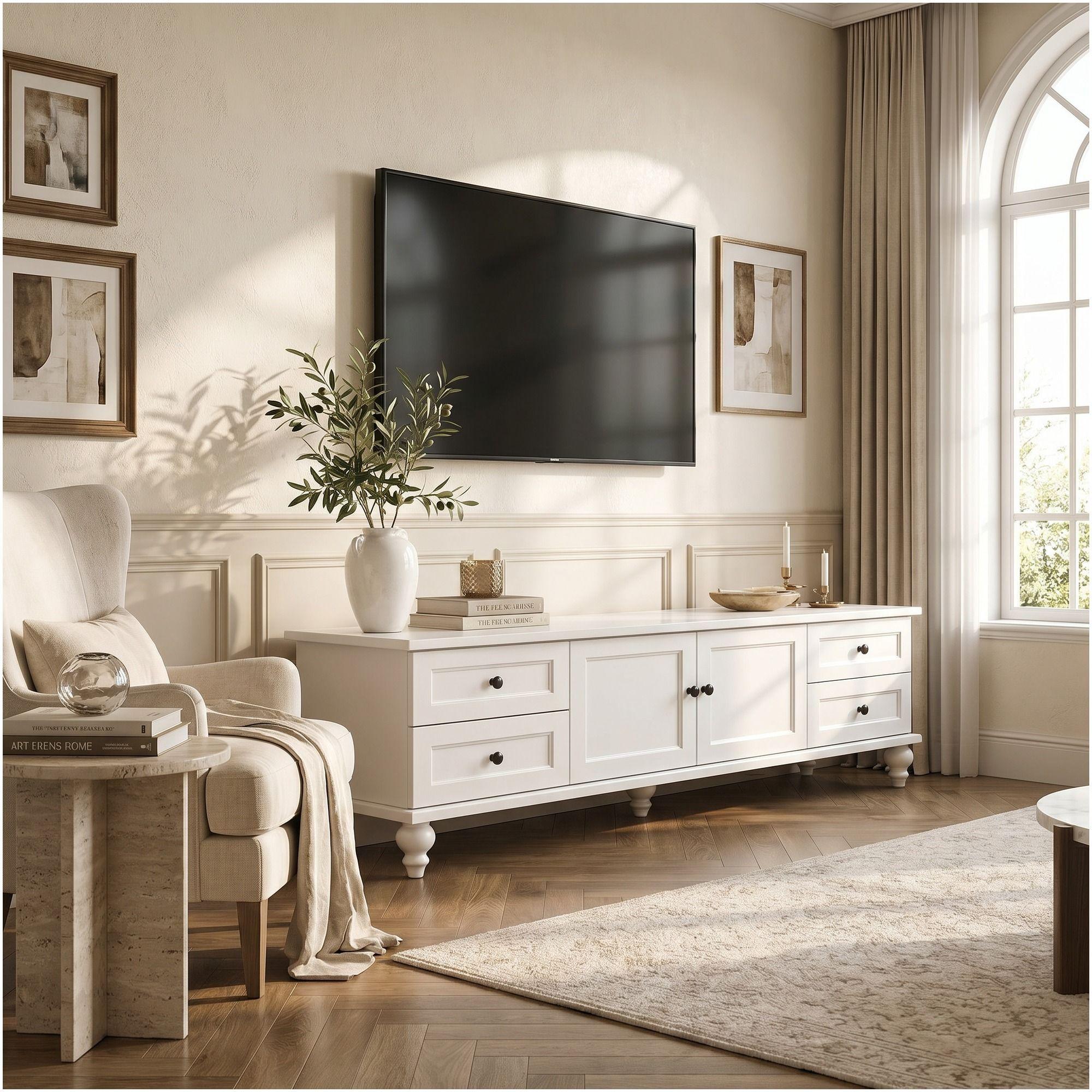 Rack Tv 160x34x42cm Melamina Estilo Europeo Con Patas Blanco-4
