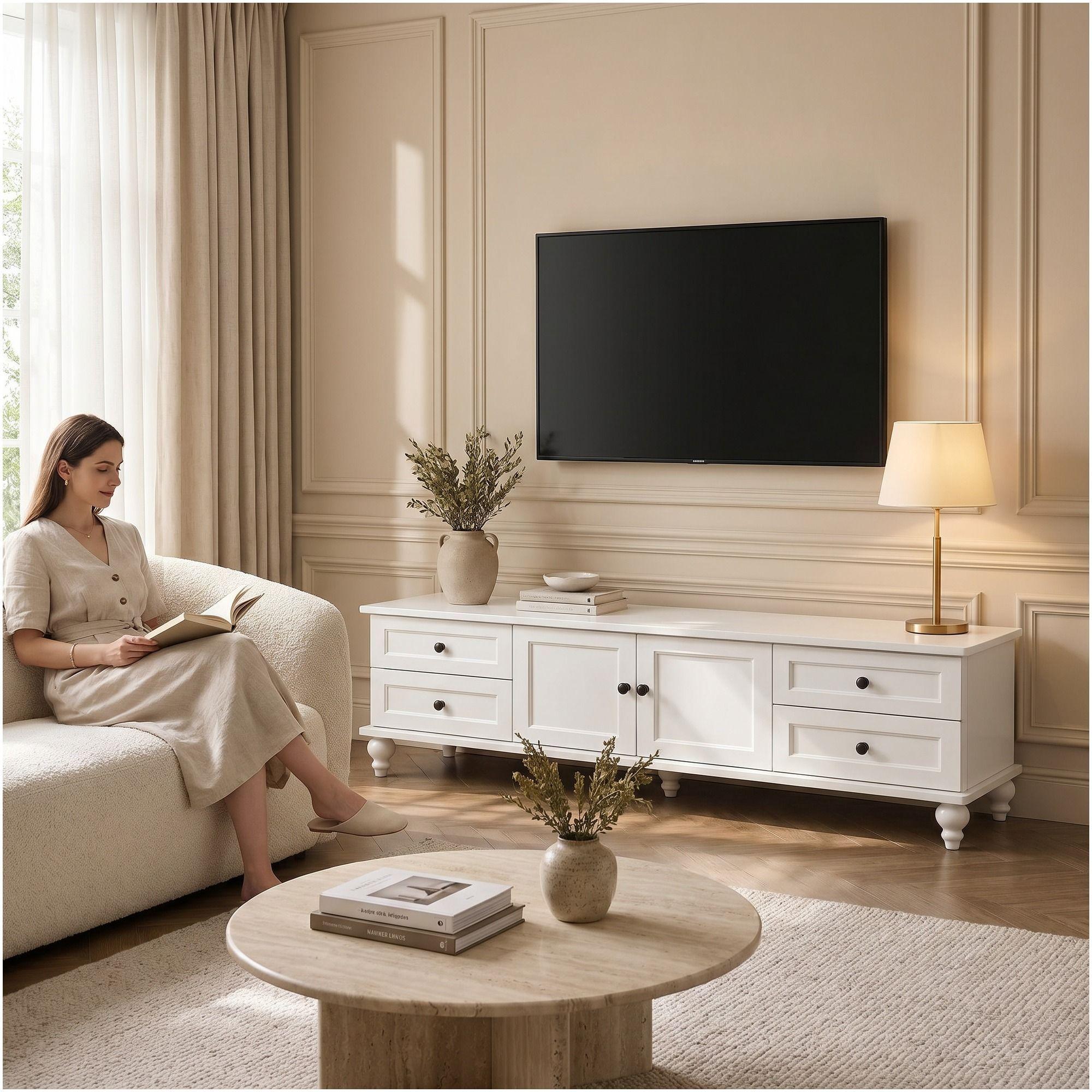 Rack Tv 160x34x42cm Melamina Estilo Europeo Con Patas Blanco-5