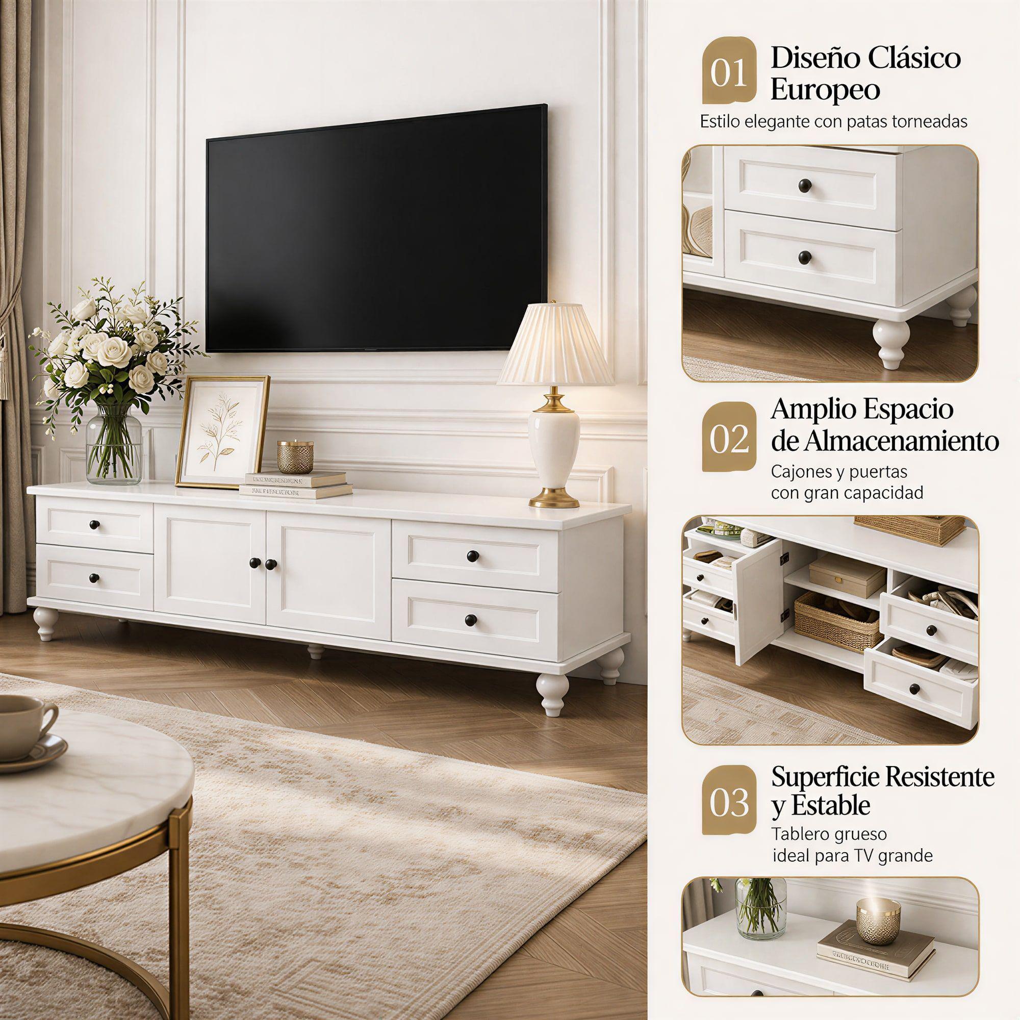 Rack Tv 160x34x42cm Melamina Estilo Europeo Con Patas Blanco-3