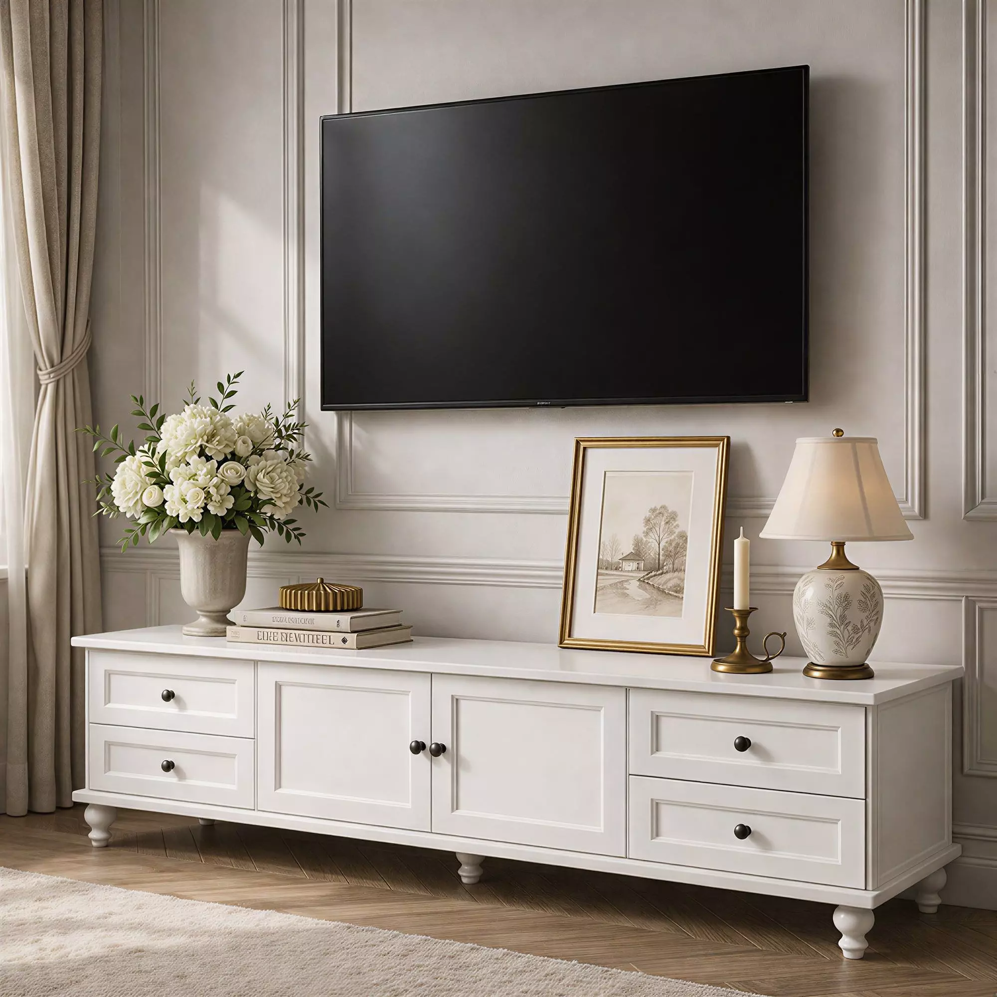 Rack Tv 160x34x42cm Melamina Estilo Europeo Con Patas Blanco-7