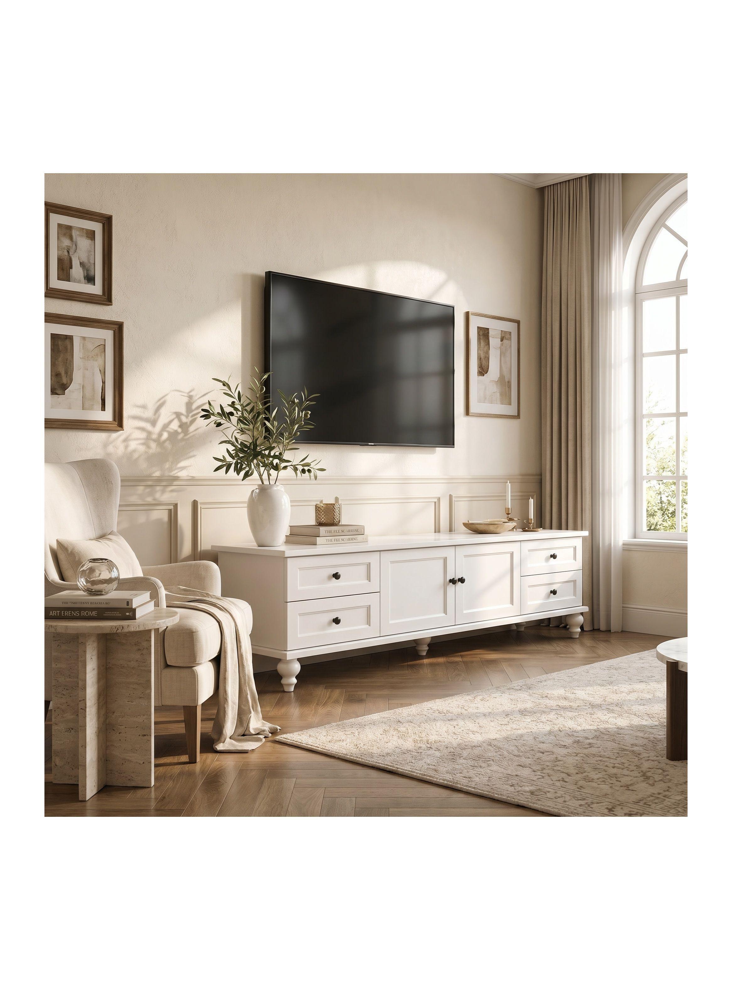 Rack Tv 160x34x42cm Melamina Estilo Europeo Con Patas Blanco-4