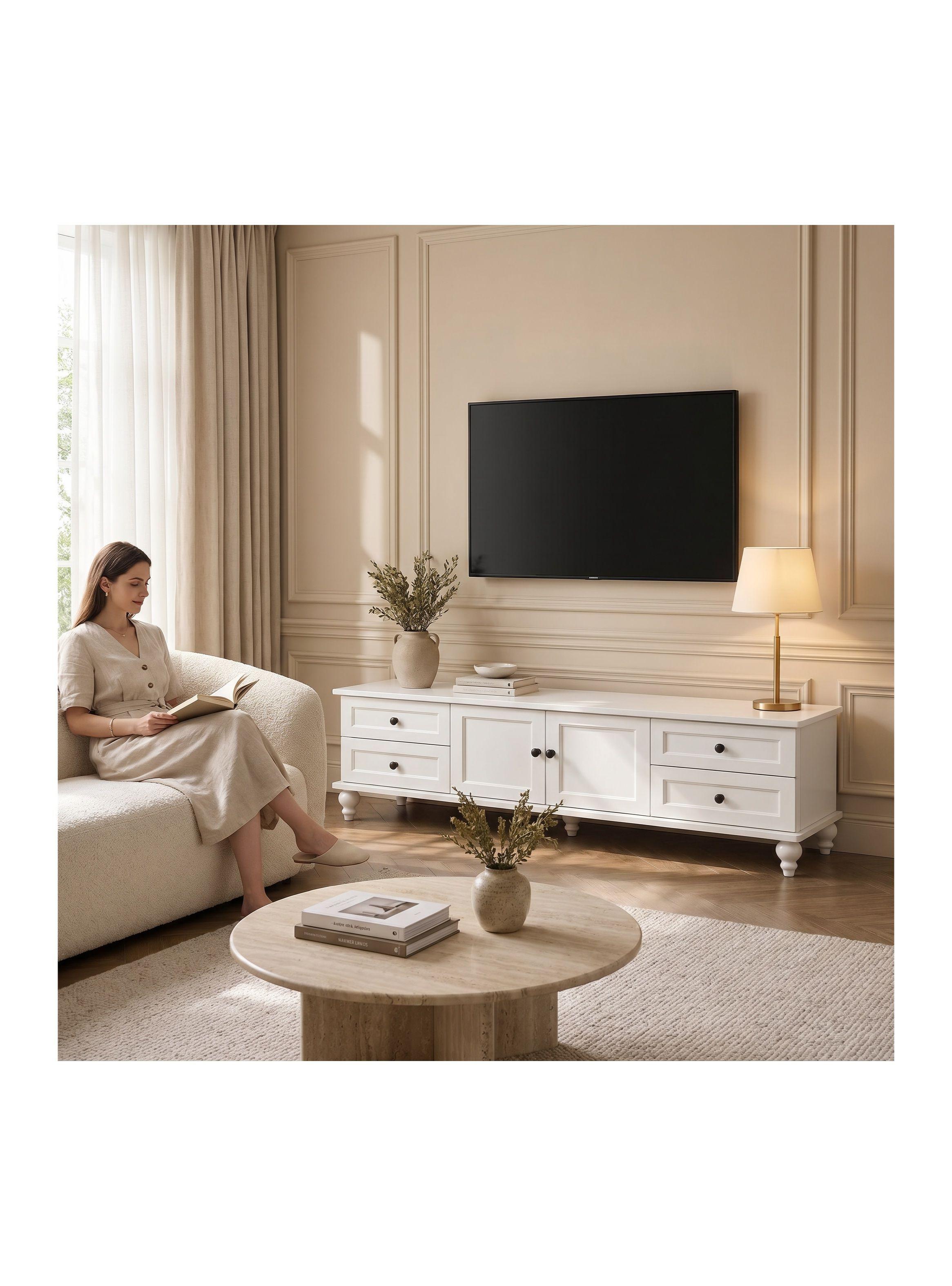 Rack Tv 160x34x42cm Melamina Estilo Europeo Con Patas Blanco-5