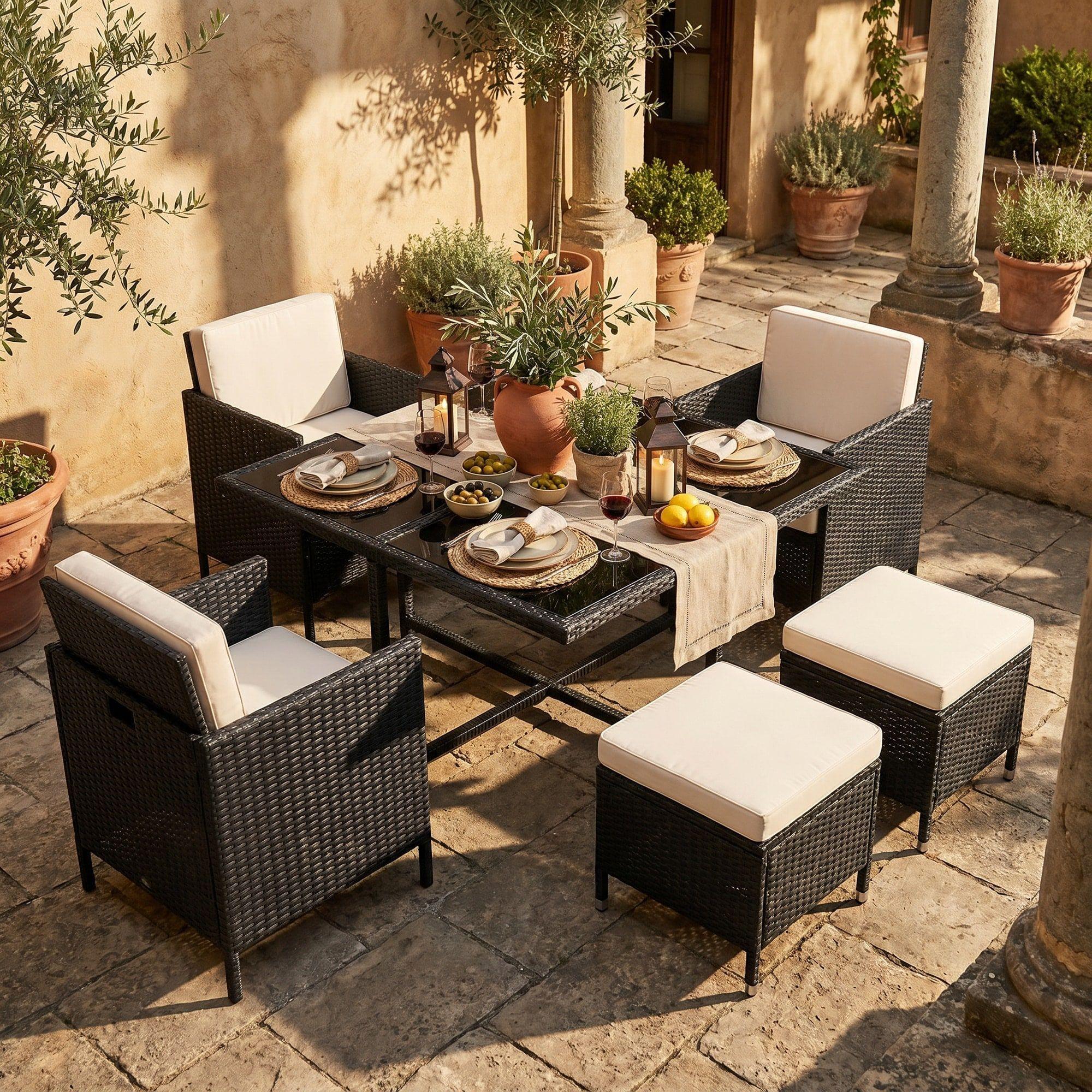 Juego De Terraza 4 Sillones 4 Taburete Para 8 Personas Negra-4