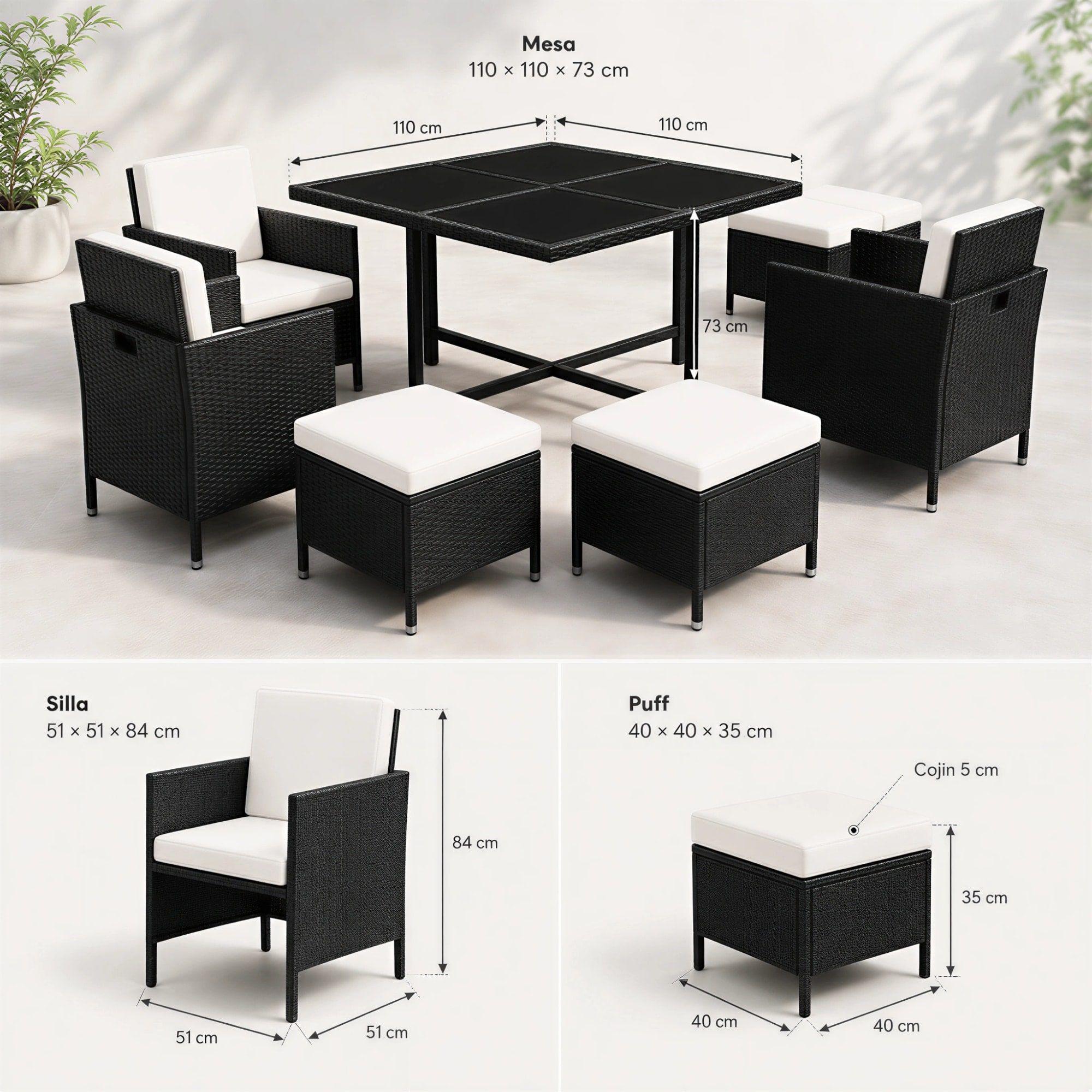 Juego De Terraza 4 Sillones 4 Taburete Para 8 Personas Negra-2