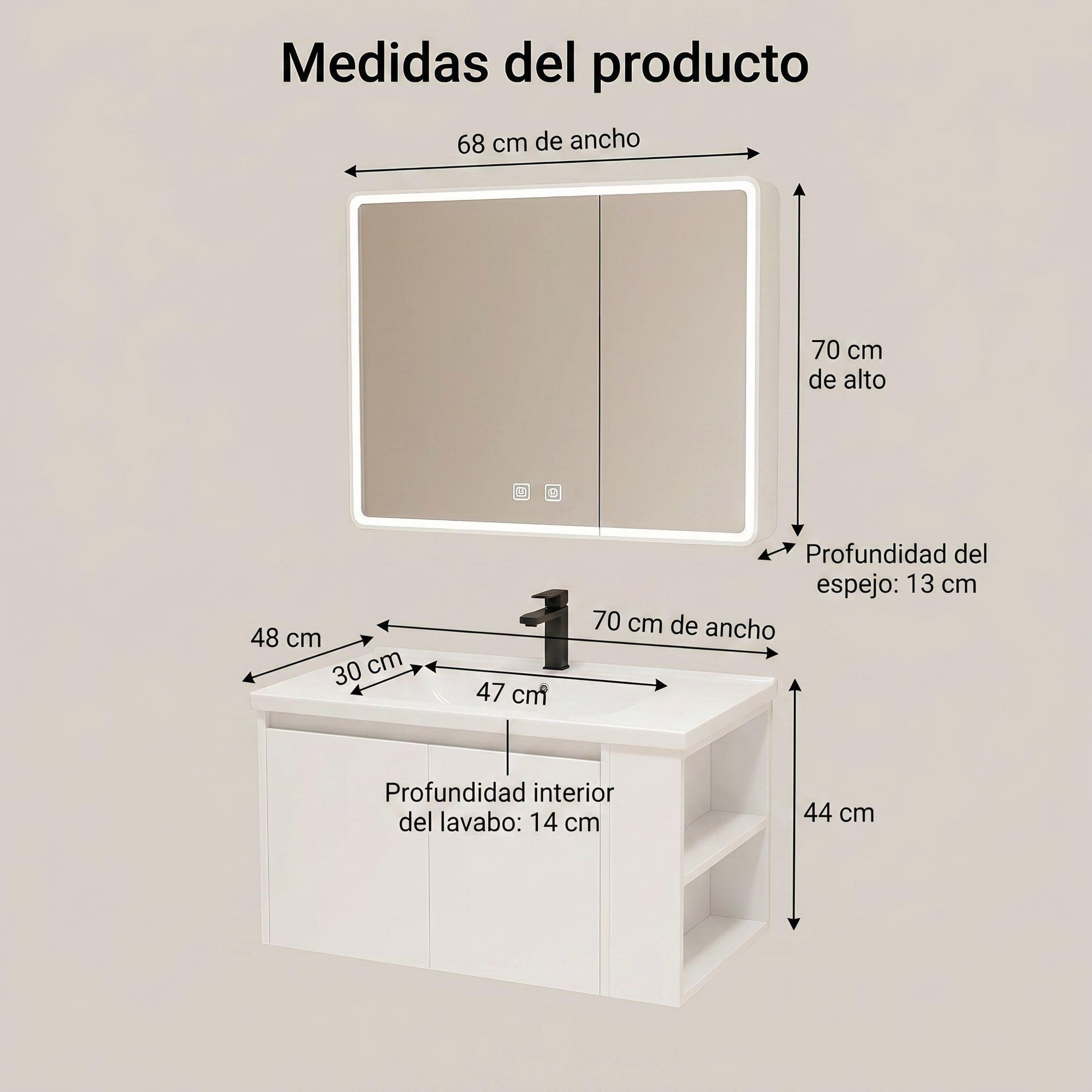 Vanitorio De Panal Aluminio + Botiquín Espejo Inteligente C2 Blanco Un Agujero-2