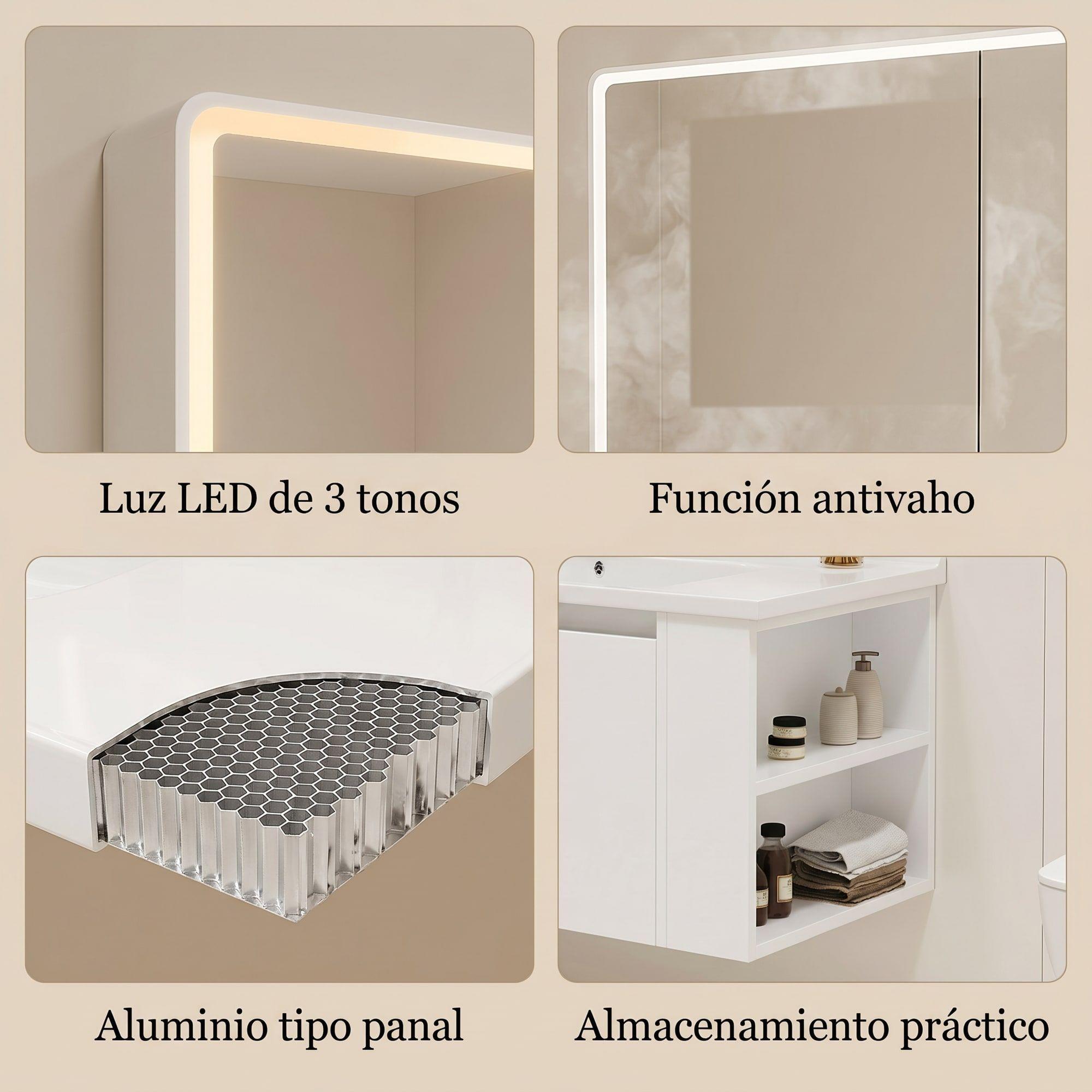 Vanitorio De Panal Aluminio + Botiquín Espejo Inteligente C2 Blanco Un Agujero-3