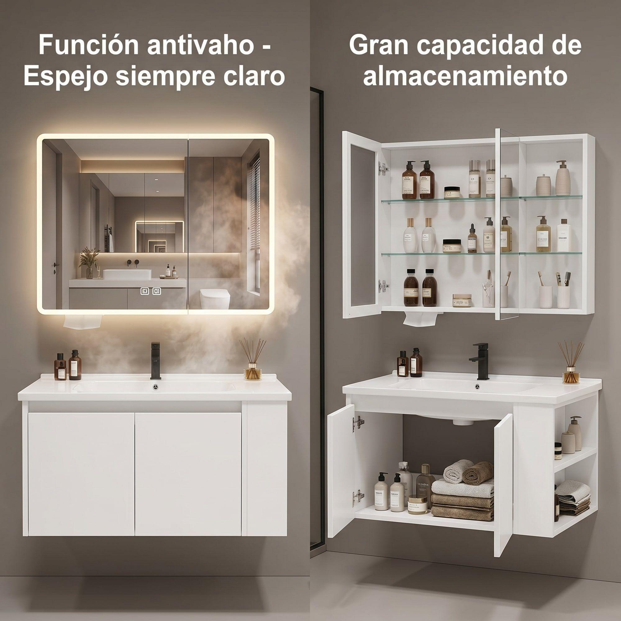 Vanitorio De Panal Aluminio + Botiquín Espejo Inteligente C2 Blanco Un Agujero-4