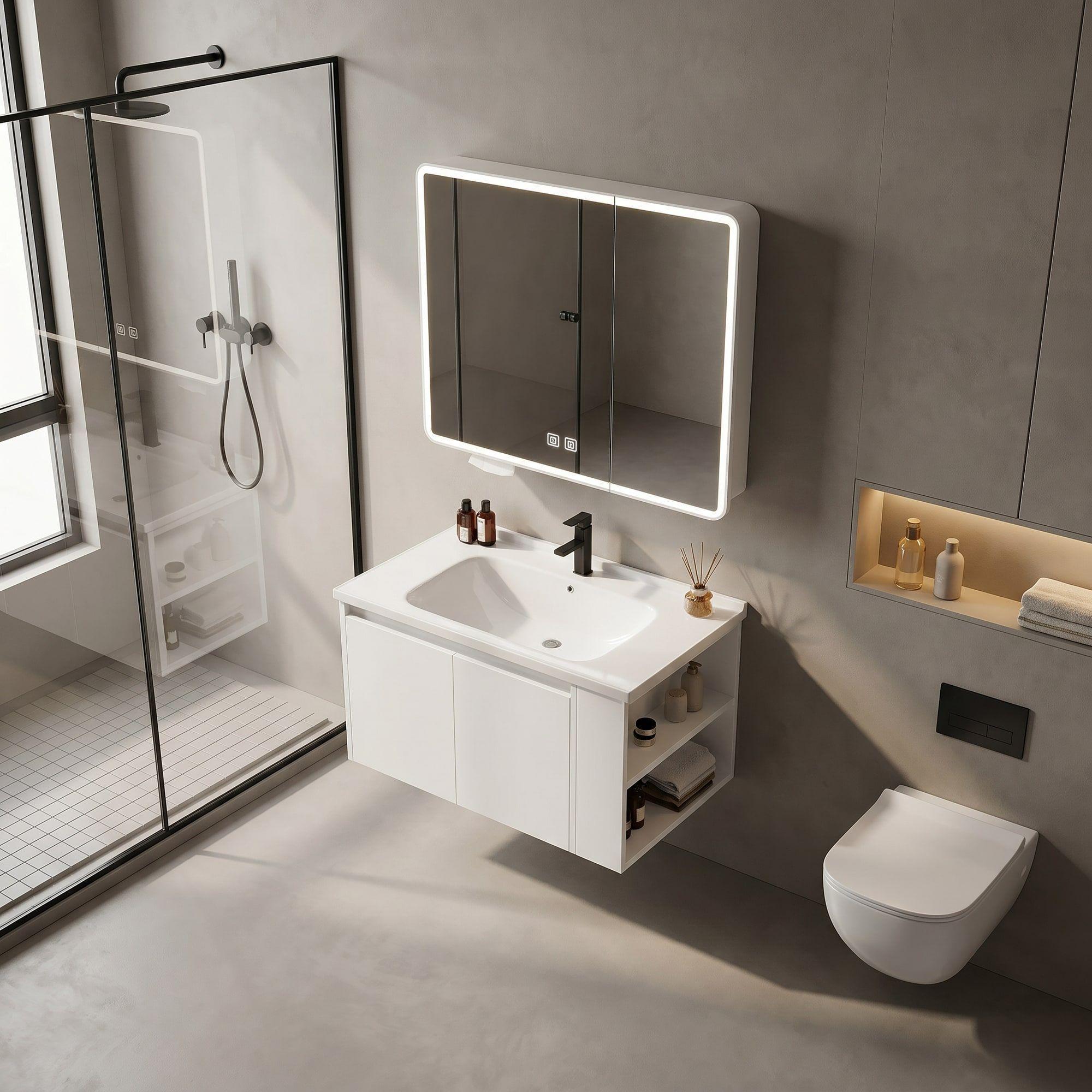 Vanitorio De Panal Aluminio + Botiquín Espejo Inteligente C2 Blanco Un Agujero-7