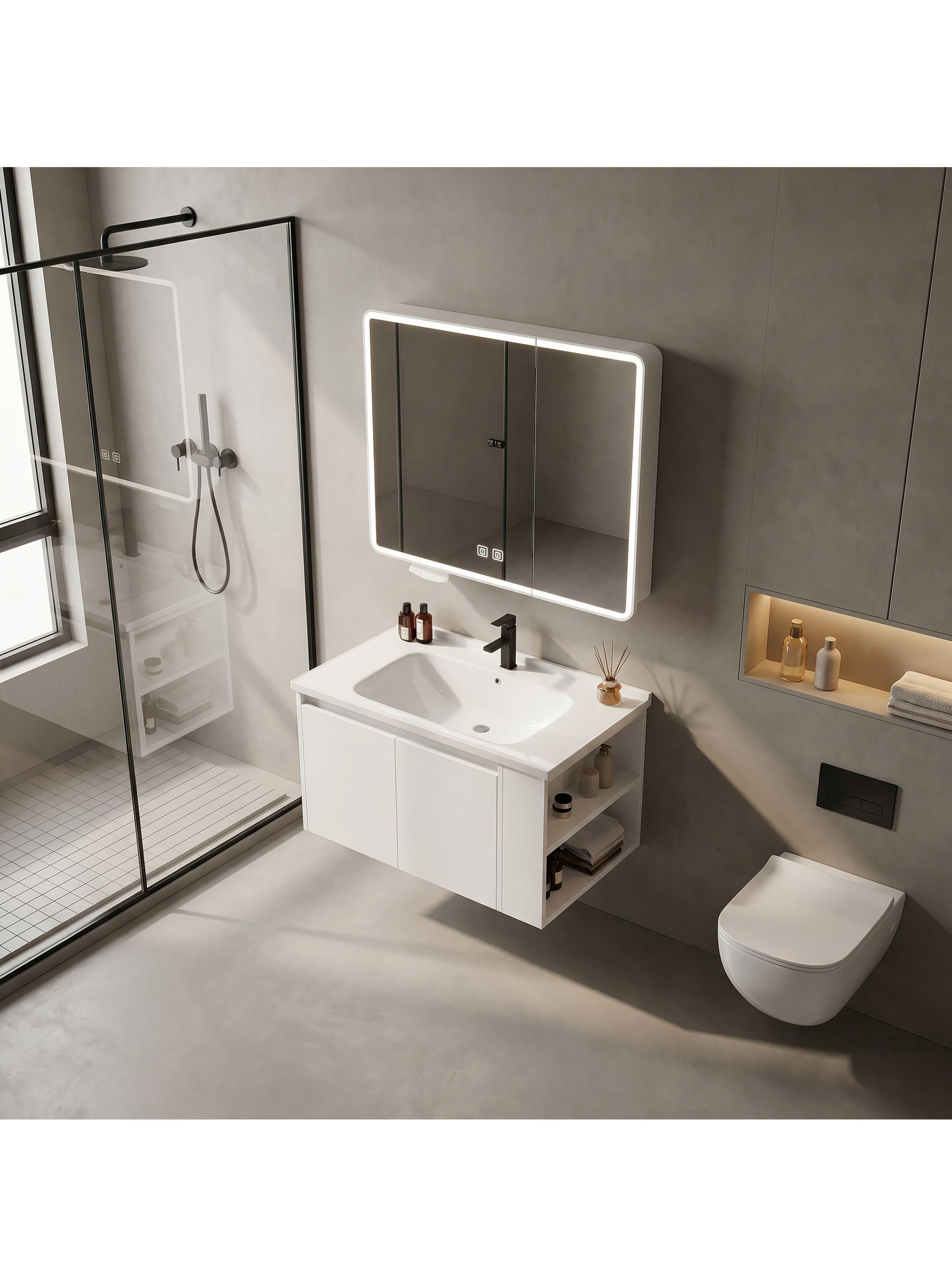 Vanitorio De Panal Aluminio + Botiquín Espejo Inteligente C2 Blanco Un Agujero-7
