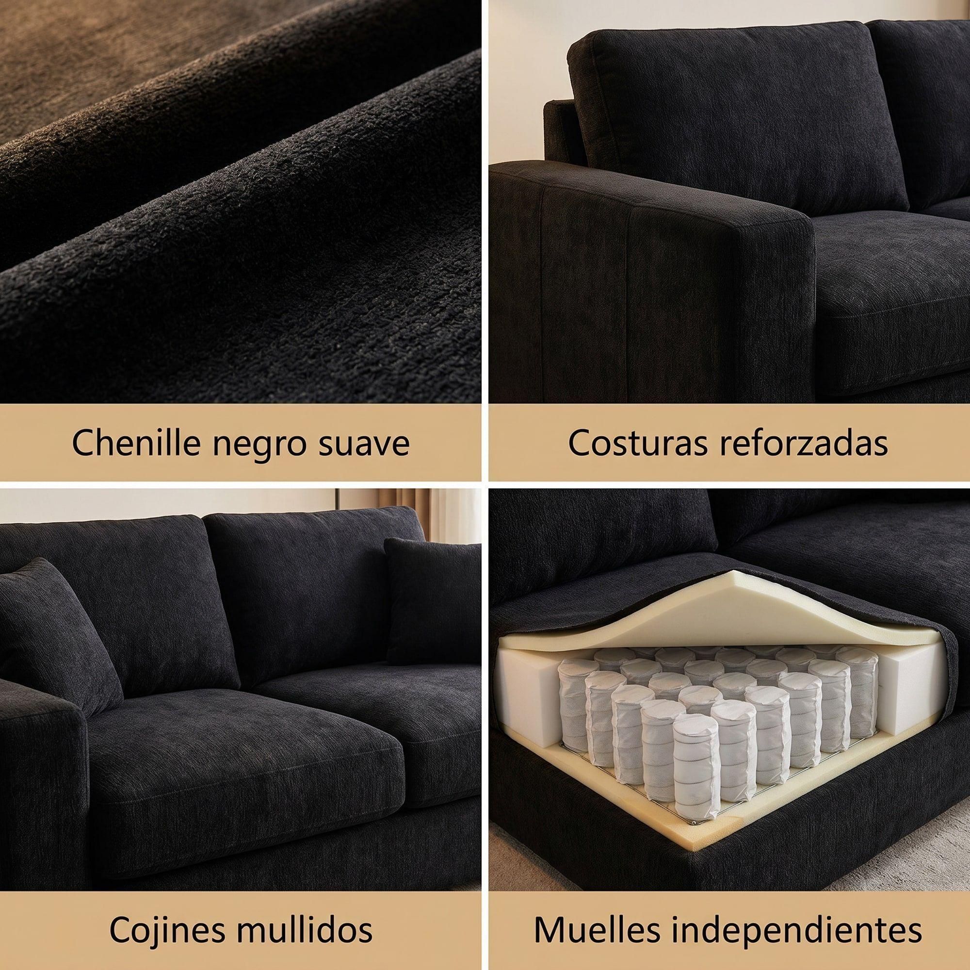 Sofá Seccional Izquierdo Luciano Resorte Independiente Negro Liso-3