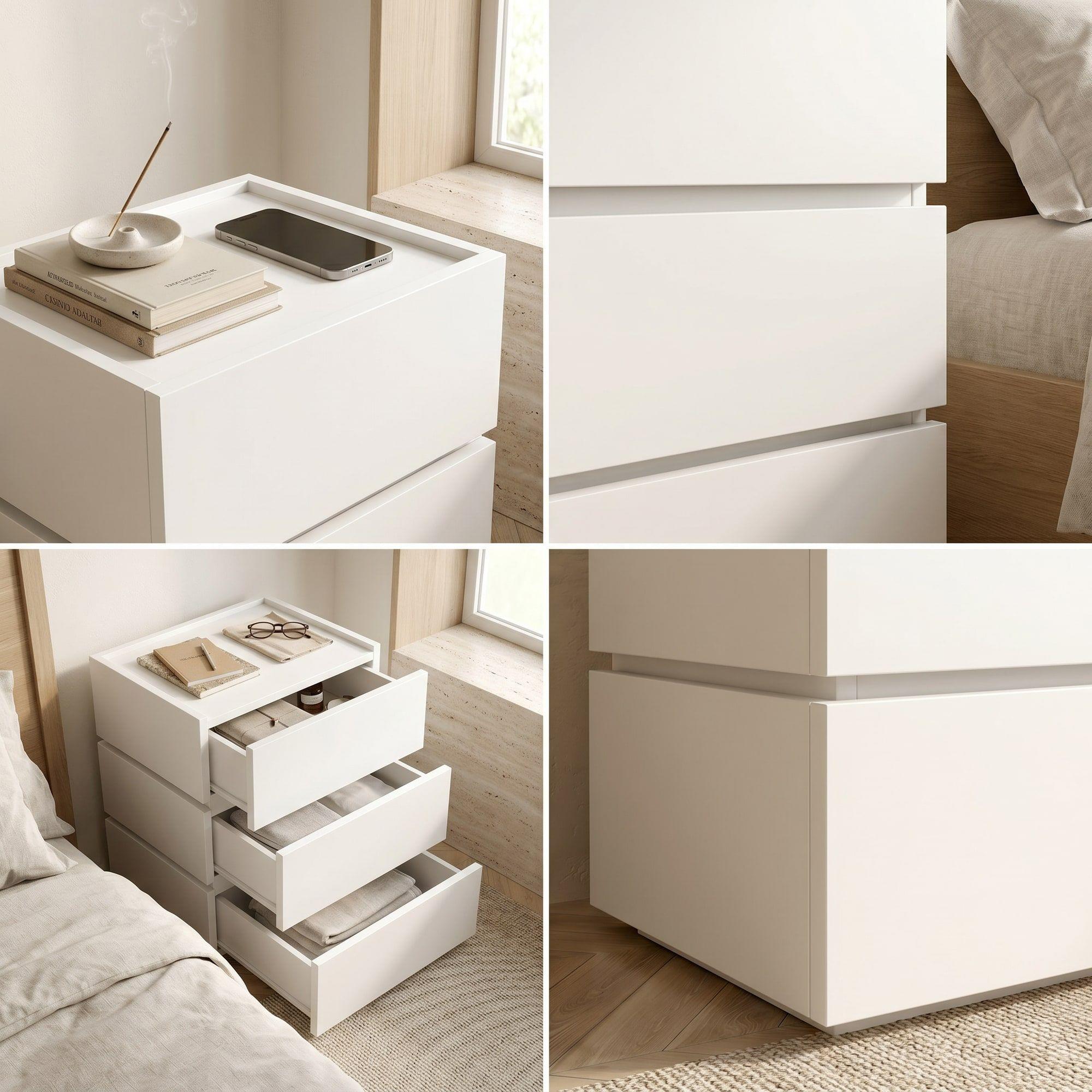 Velador Vanguardia Combinable 3 Cajones 45x70x34cm Melamina Mate Balnco Entero-3