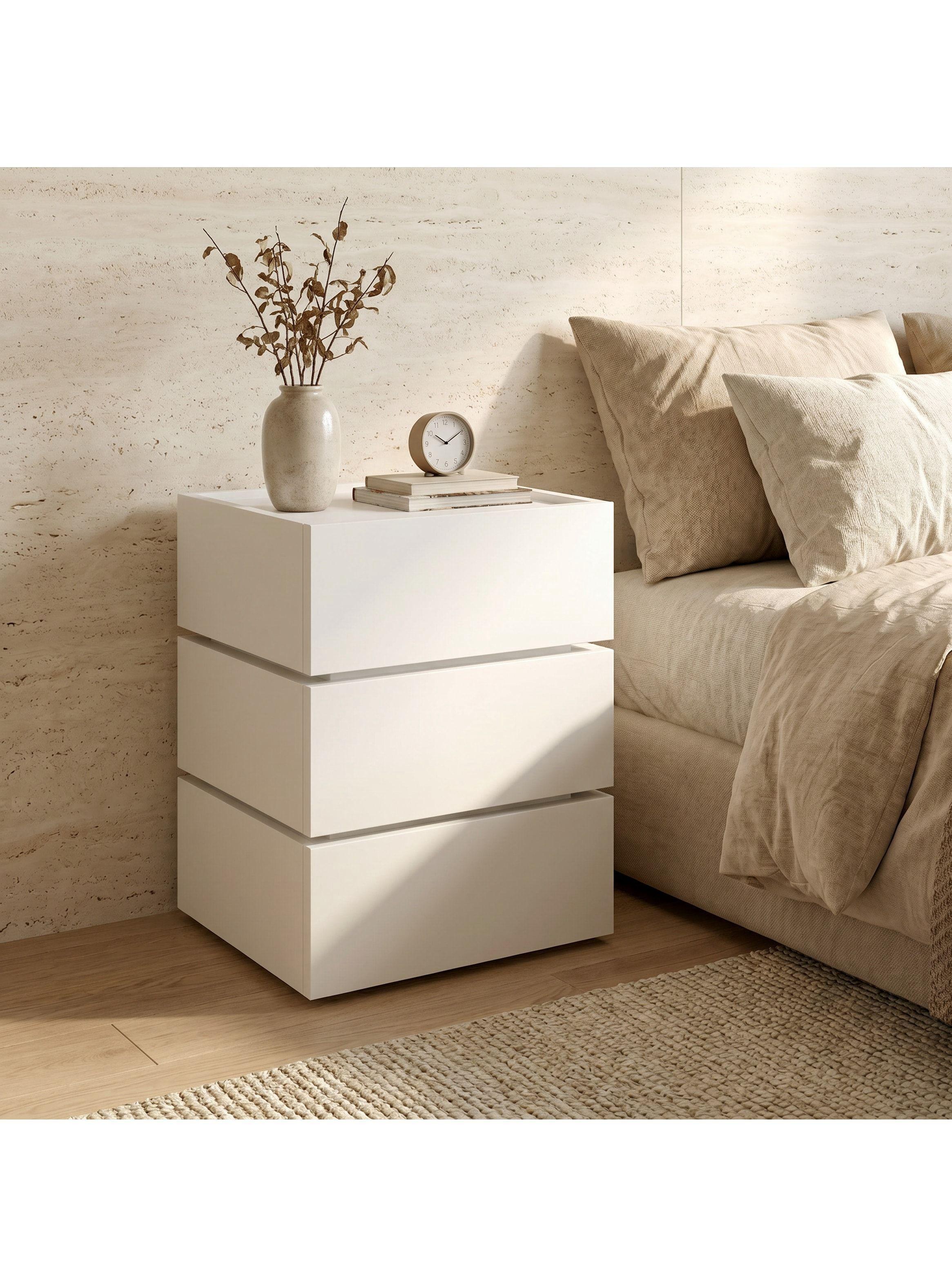 Velador Vanguardia Combinable 3 Cajones 45x70x34cm Melamina Mate Balnco Entero-0