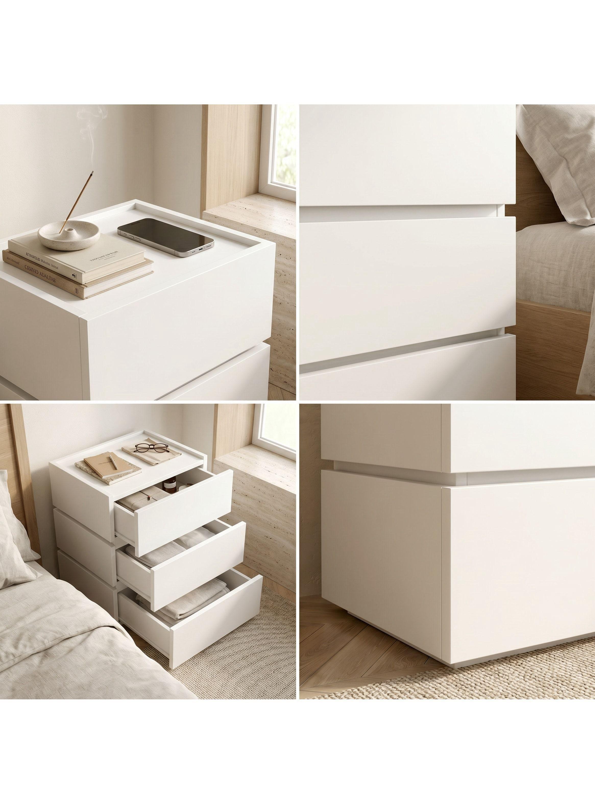 Velador Vanguardia Combinable 3 Cajones 45x70x34cm Melamina Mate Balnco Entero-3