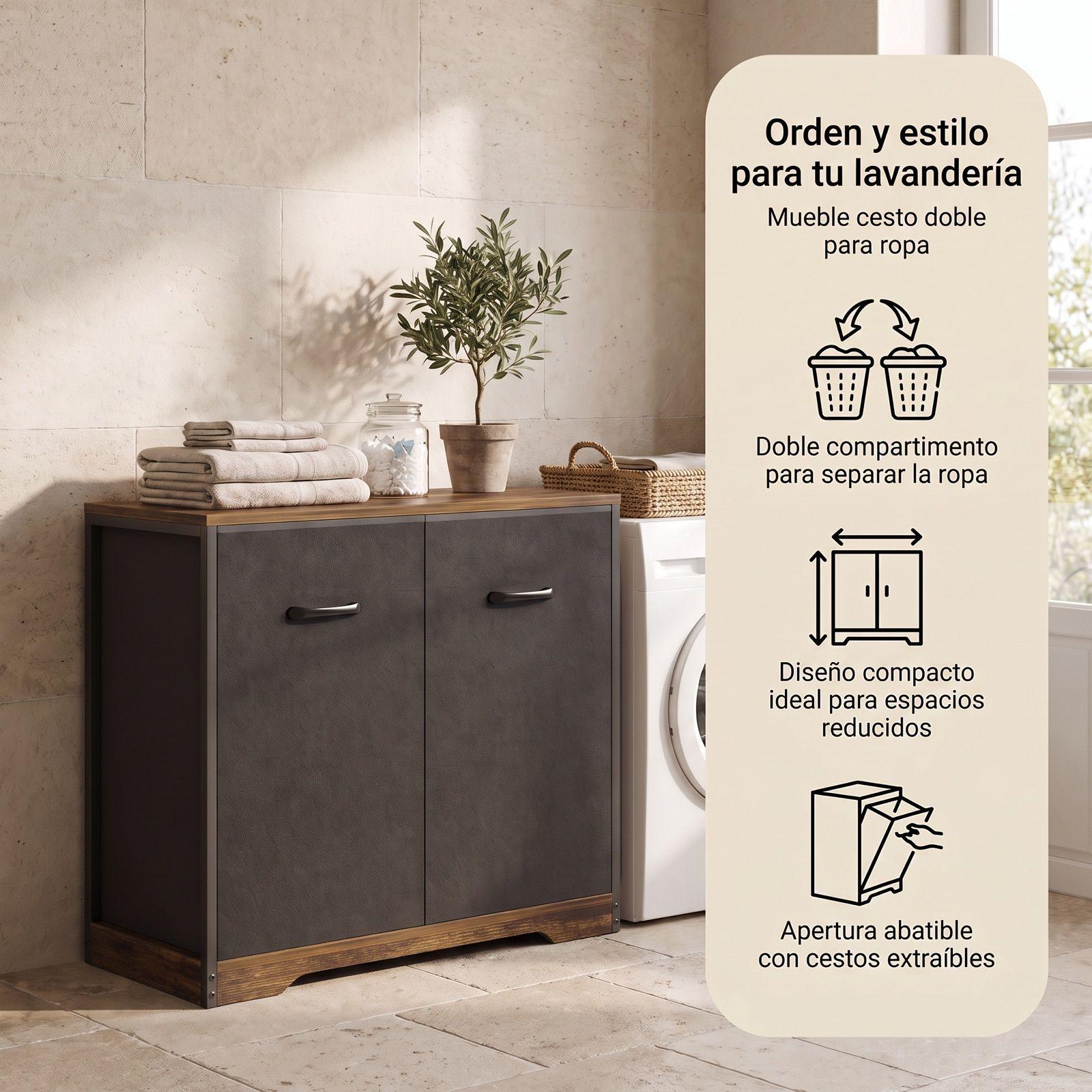 Gabinete Comoda Para Ropa Sucia Baño Y Logia 2 Cestos Tela Marrón SNJ001-R-1