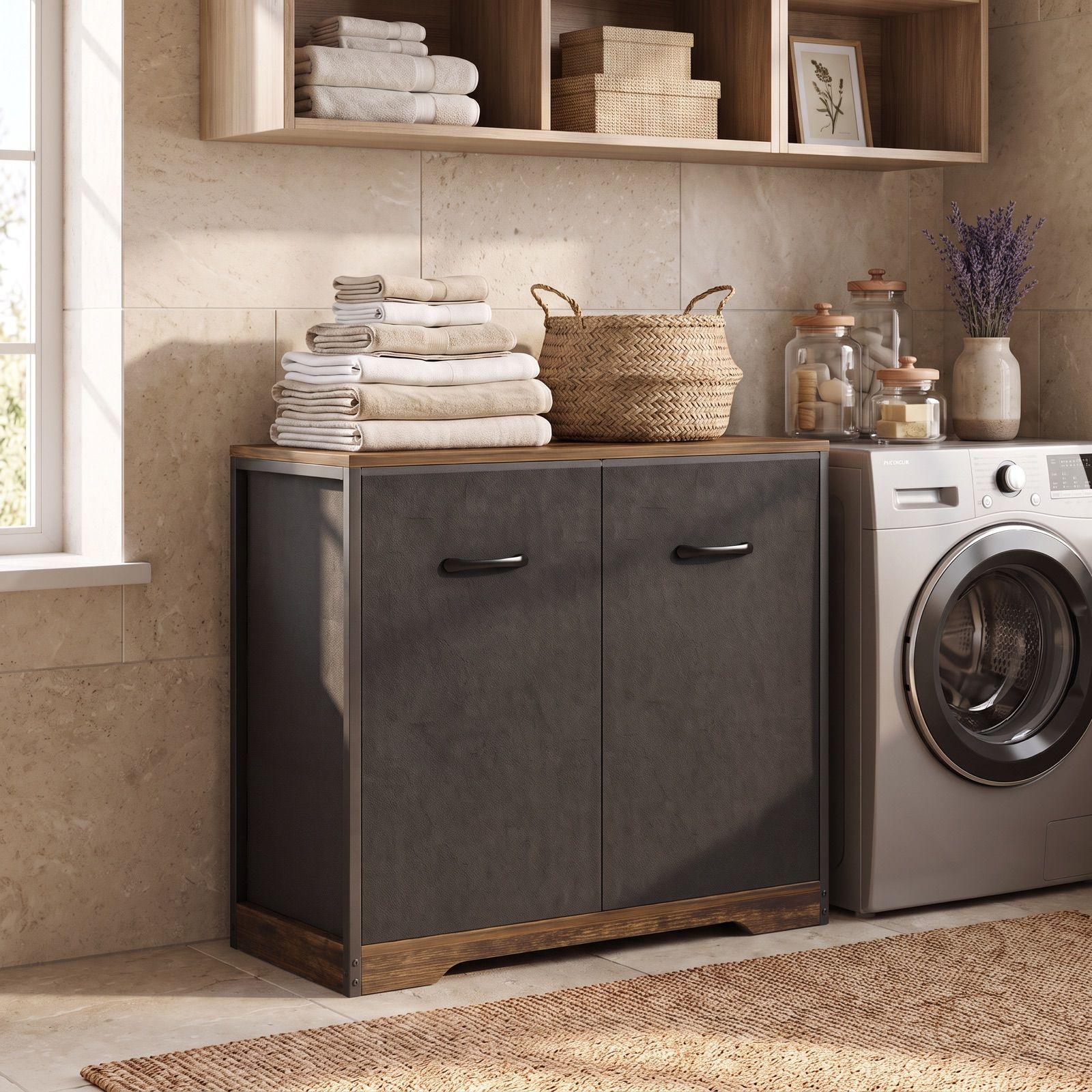 Gabinete Comoda Para Ropa Sucia Baño Y Logia 2 Cestos Tela Marrón SNJ001-R-5