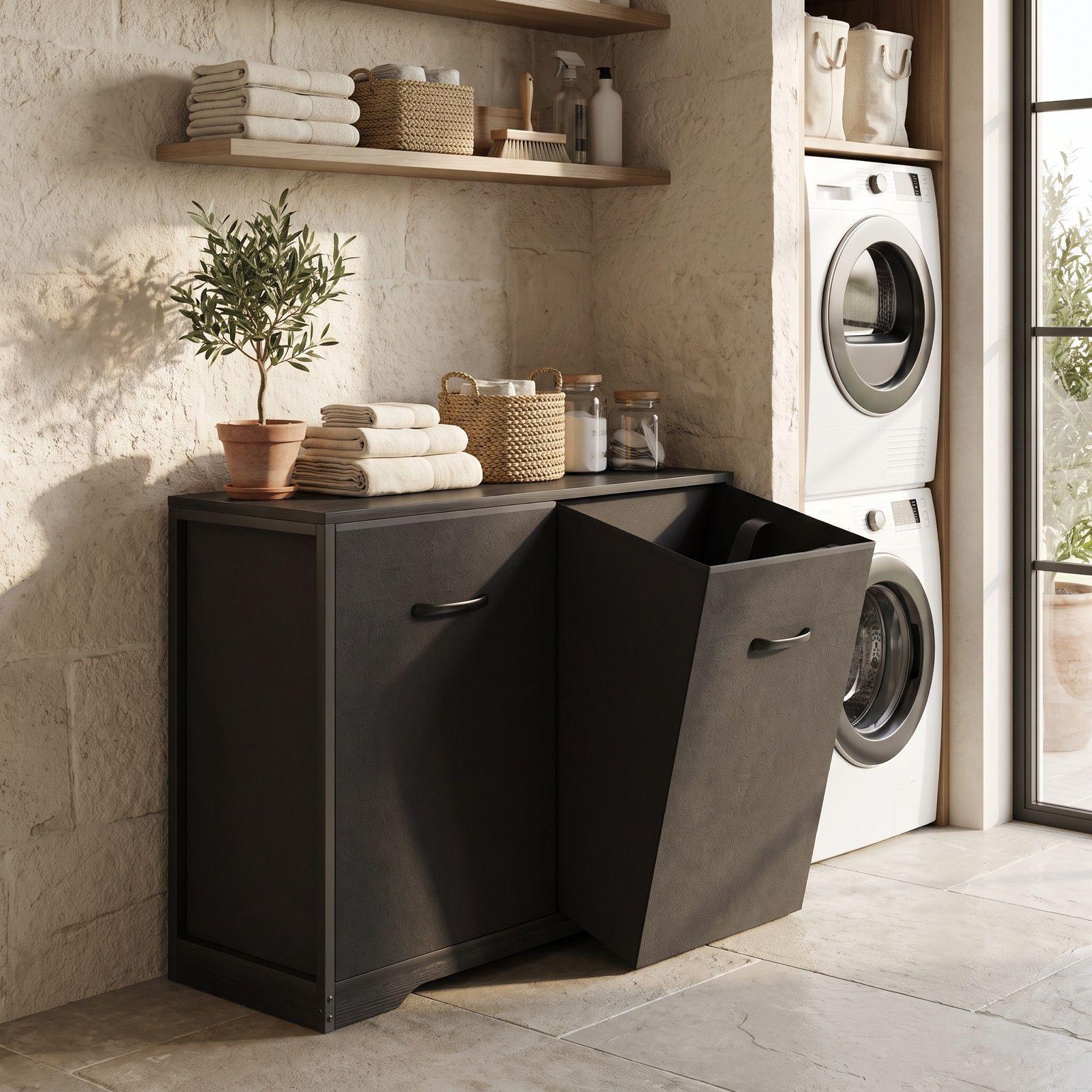 Gabinete Comoda Para Ropa Sucia Baño Y Logia 2 Cestos Tela Marrón SNJ001-R-6