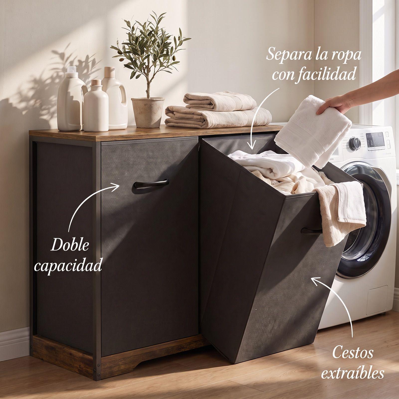 Gabinete Comoda Para Ropa Sucia Baño Y Logia 2 Cestos Tela Marrón SNJ001-R-7