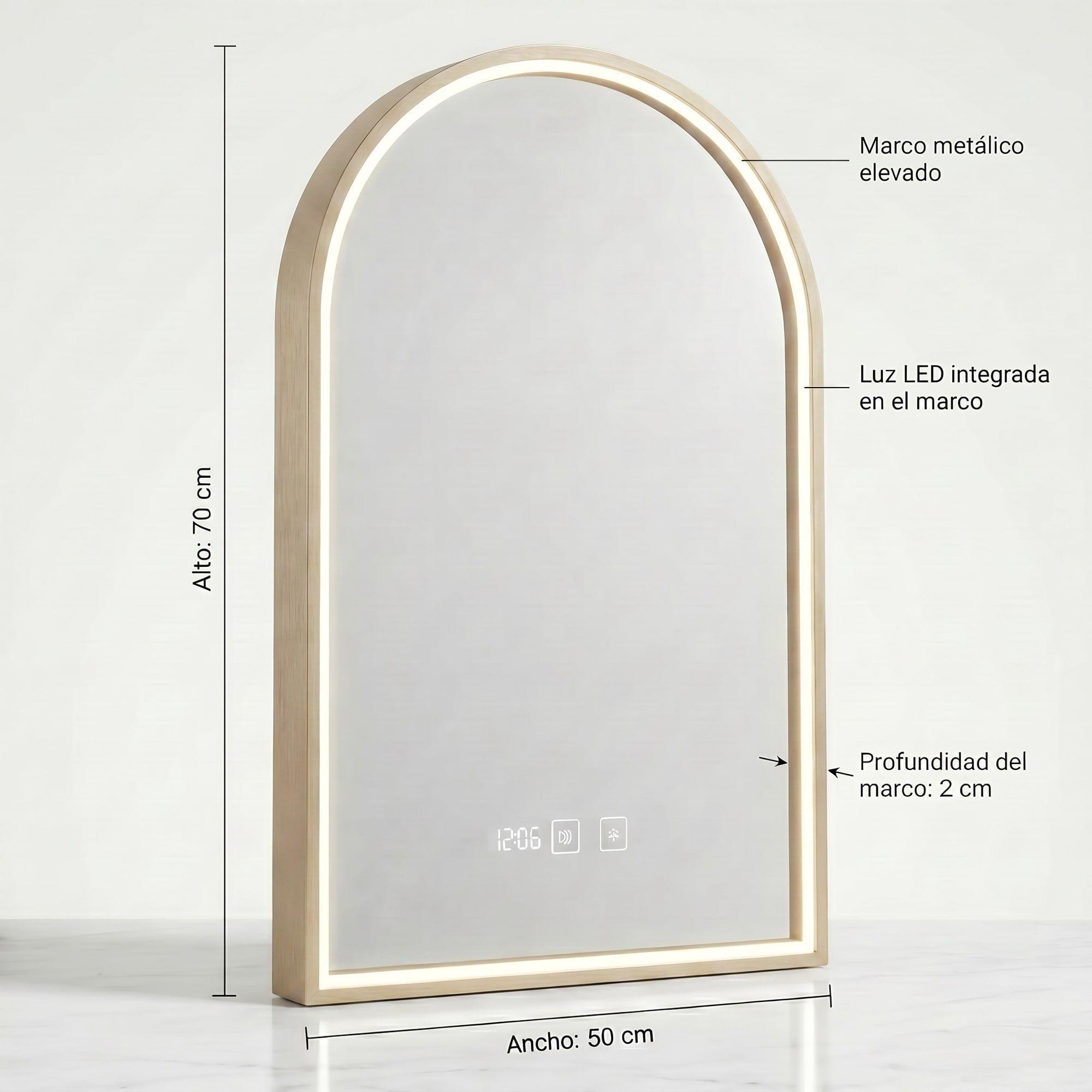 Espejo Marco Melalico Con Luz Led Touch Para Baño 50x70cm Dorado-2