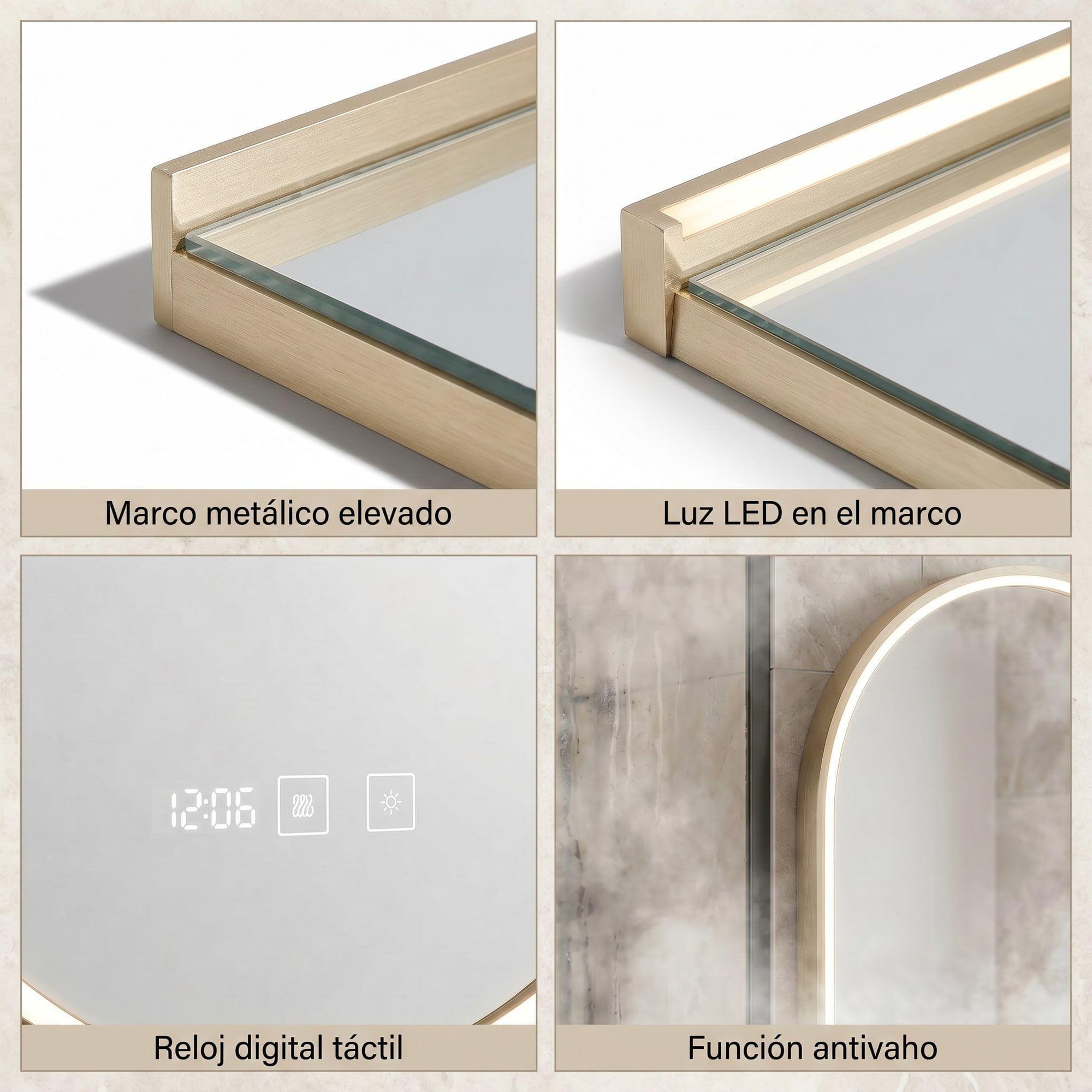 Espejo Marco Melalico Con Luz Led Touch Para Baño 50x70cm Dorado-3