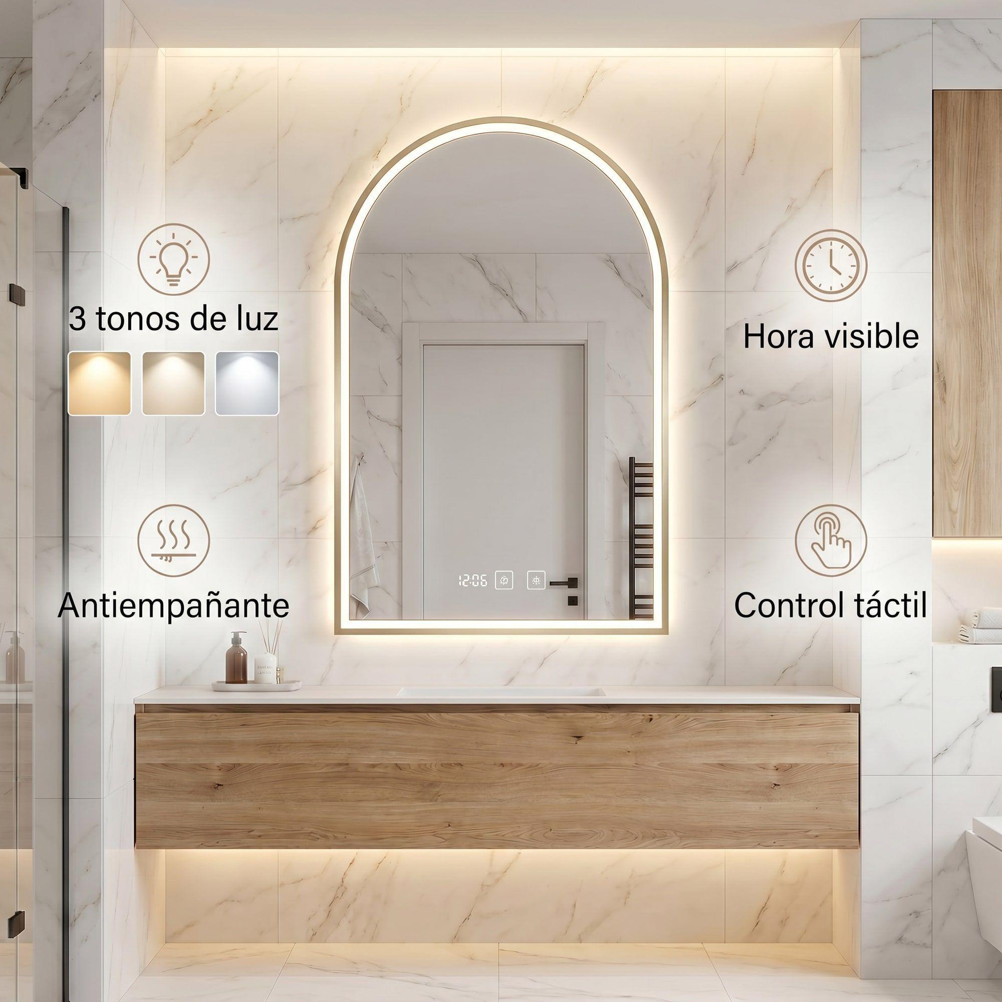 Espejo Marco Melalico Con Luz Led Touch Para Baño 50x70cm Dorado-7
