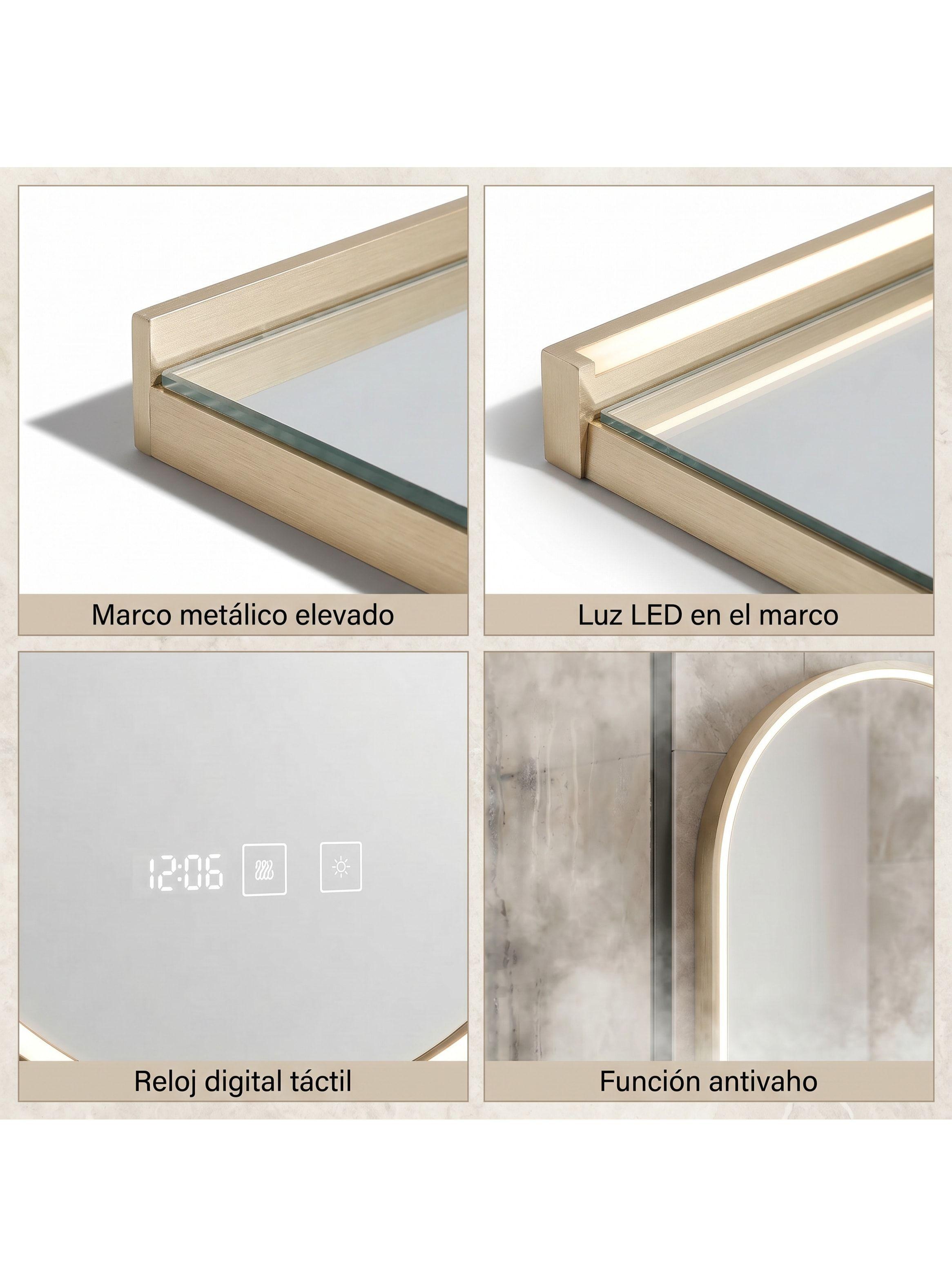Espejo Marco Melalico Con Luz Led Touch Para Baño 50x70cm Dorado-3
