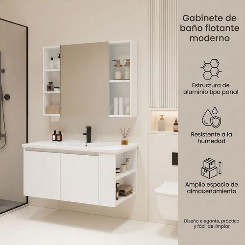Vanitorio De Panal Aluminio + Botiquín De Espejo 90cm Blanco Un Agujero-2