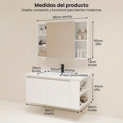Vanitorio De Panal Aluminio + Botiquín De Espejo 90cm Blanco Un Agujero-3