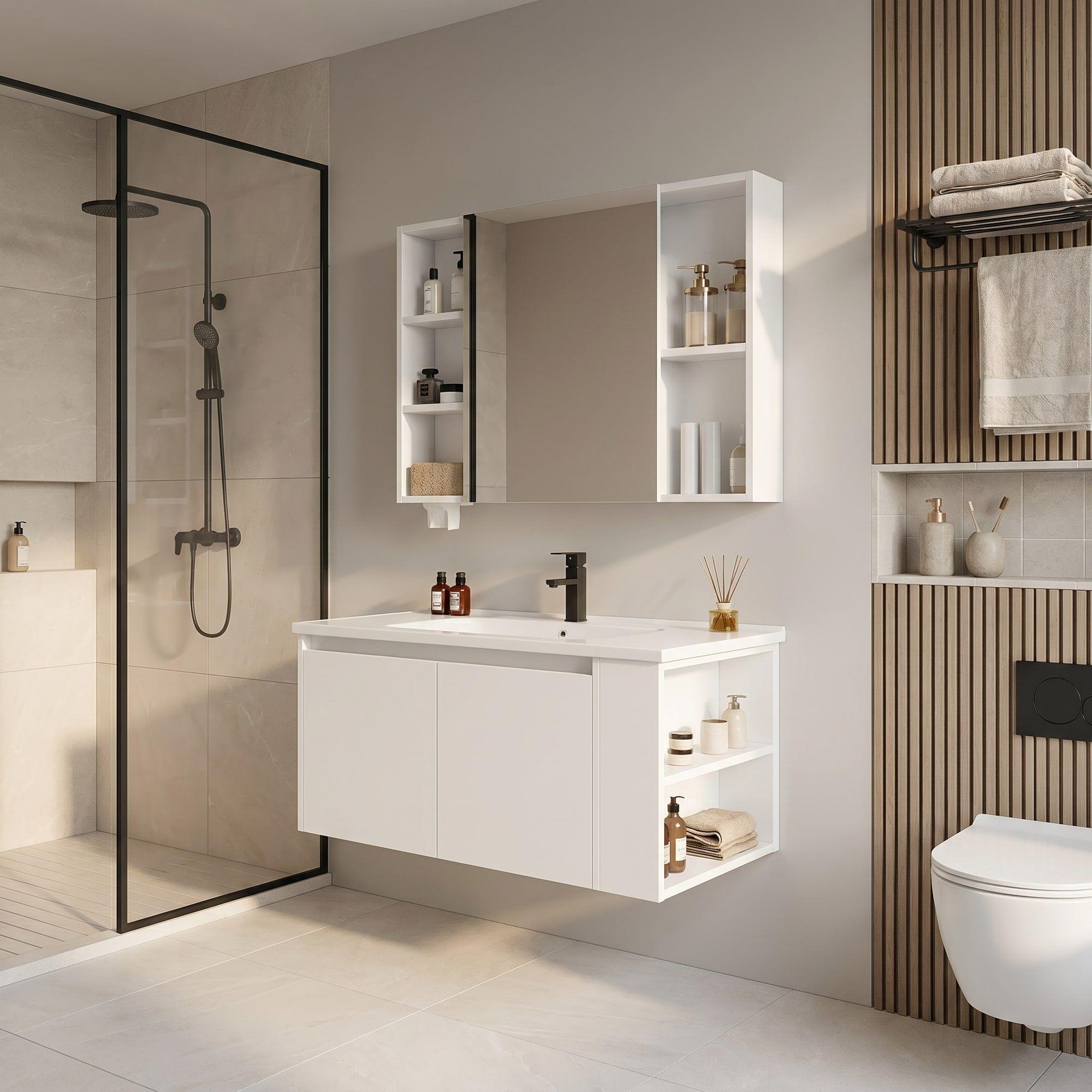 Vanitorio De Panal Aluminio + Botiquín De Espejo 90cm Blanco Un Agujero-0