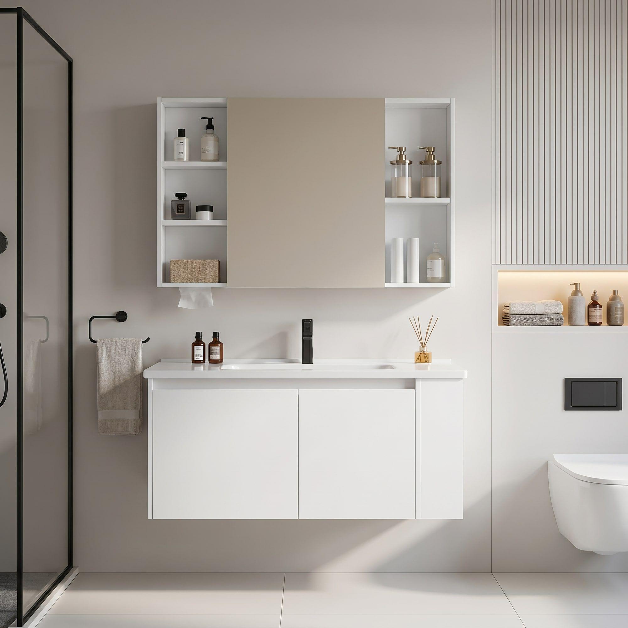 Vanitorio De Panal Aluminio + Botiquín De Espejo 90cm Blanco Un Agujero-1