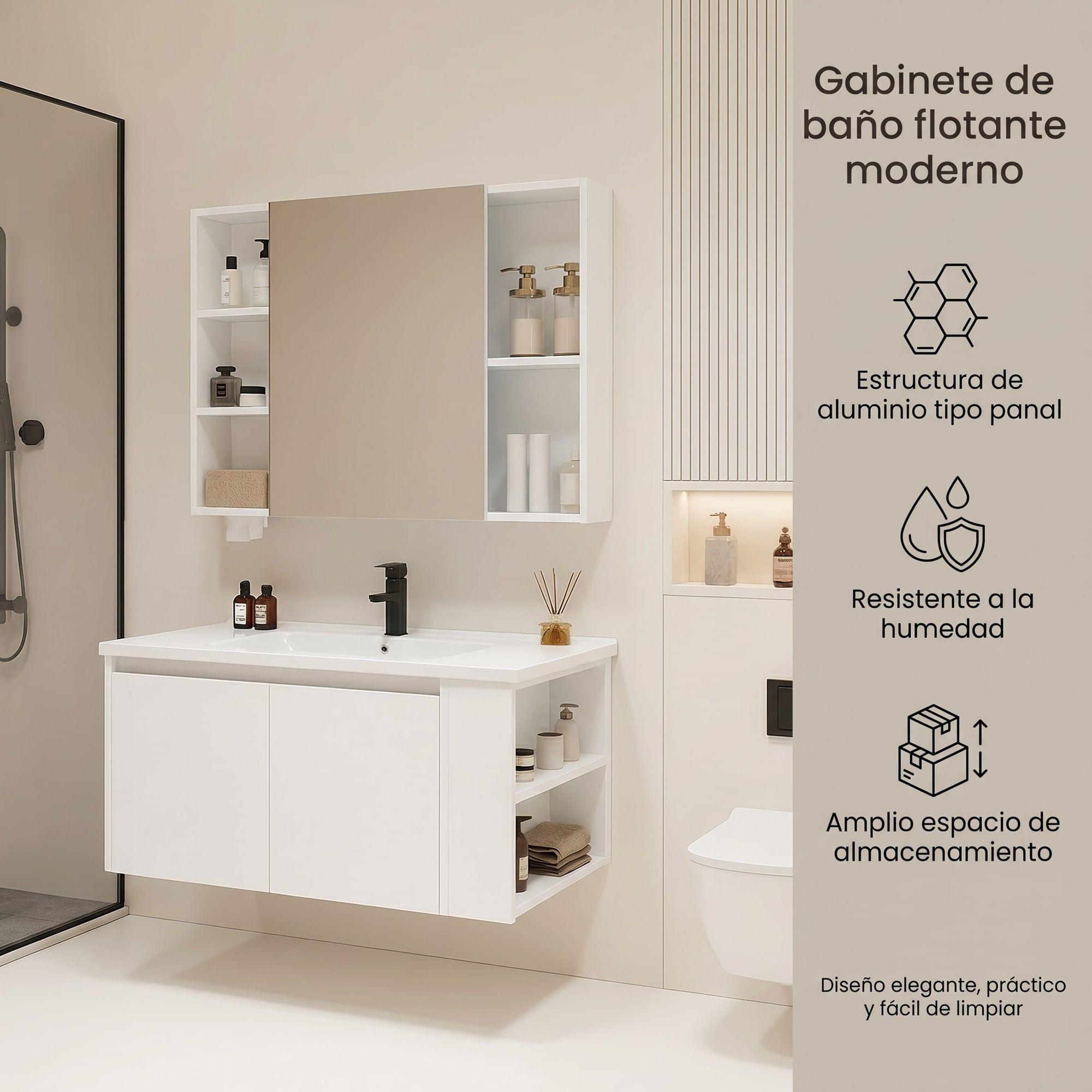 Vanitorio De Panal Aluminio + Botiquín De Espejo 90cm Blanco Un Agujero-2