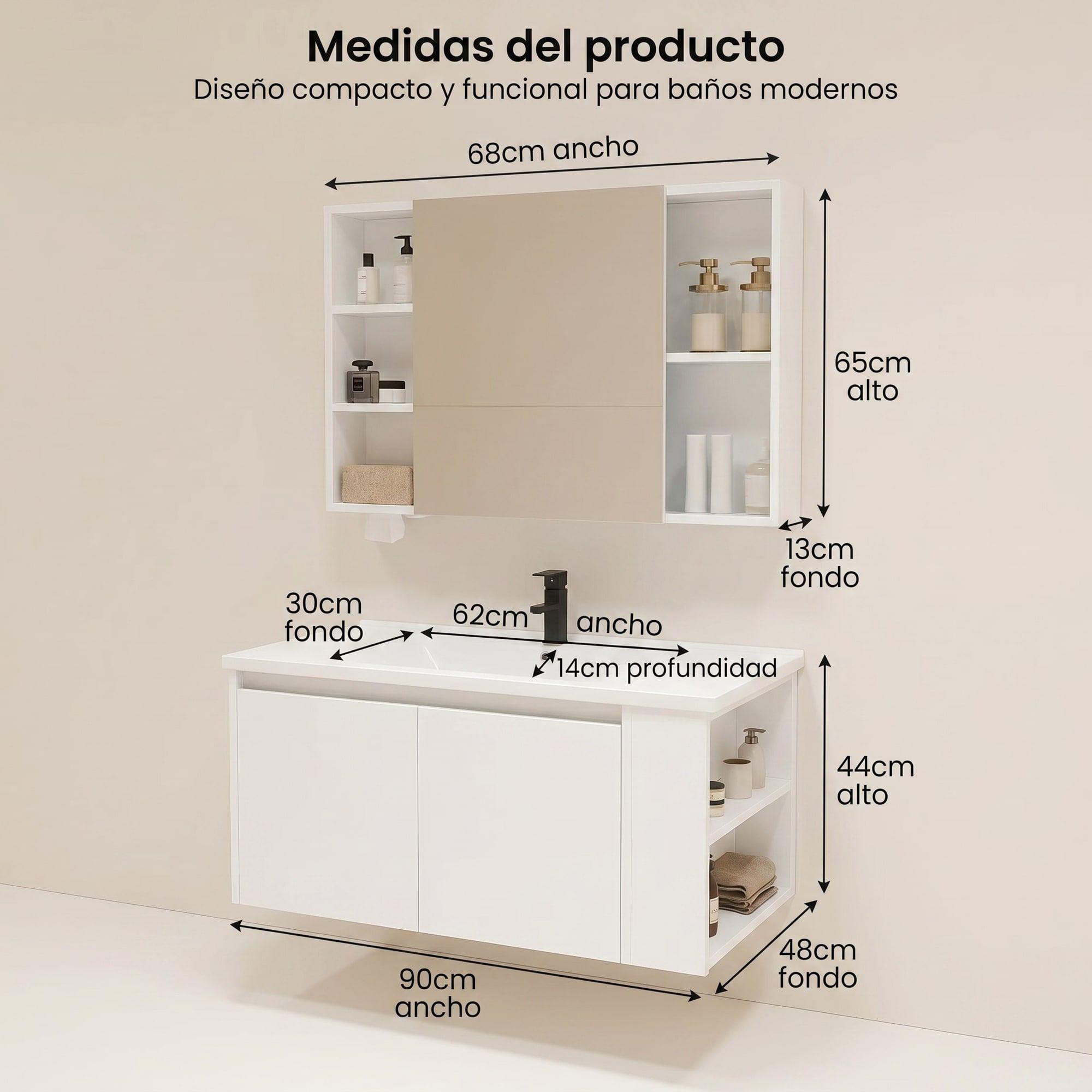 Vanitorio De Panal Aluminio + Botiquín De Espejo 90cm Blanco Un Agujero-3