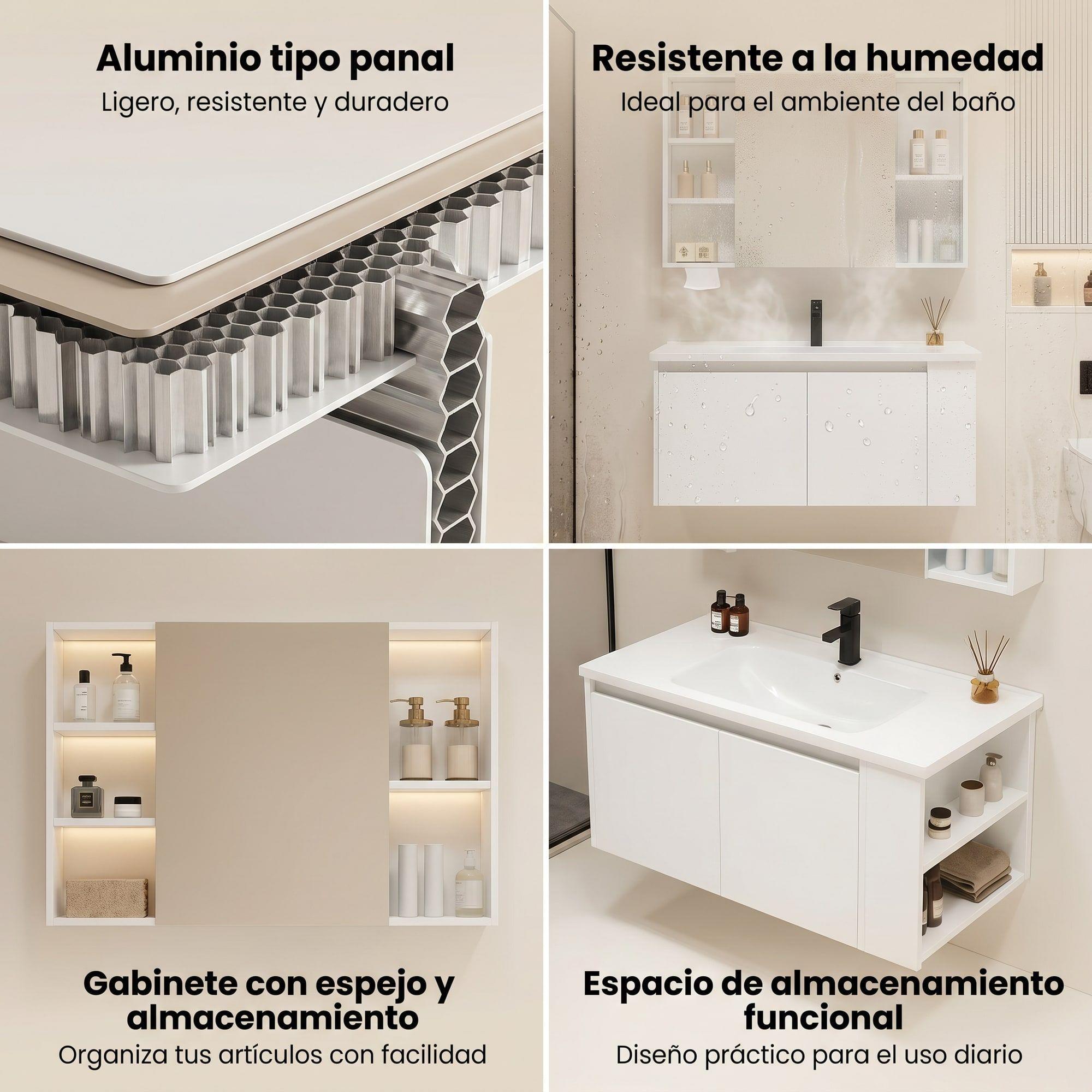 Vanitorio De Panal Aluminio + Botiquín De Espejo 90cm Blanco Un Agujero-4