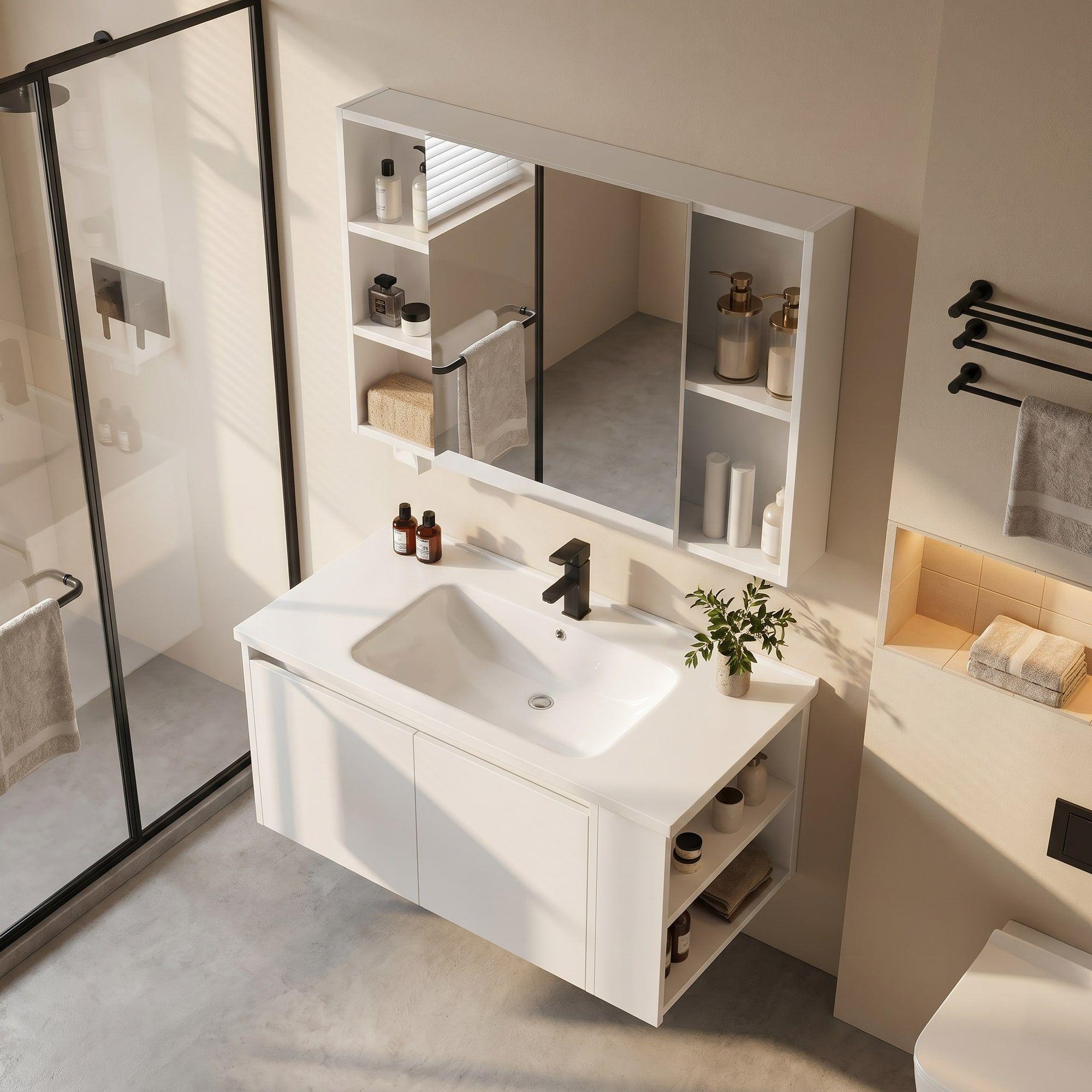 Vanitorio De Panal Aluminio + Botiquín De Espejo 90cm Blanco Un Agujero-6