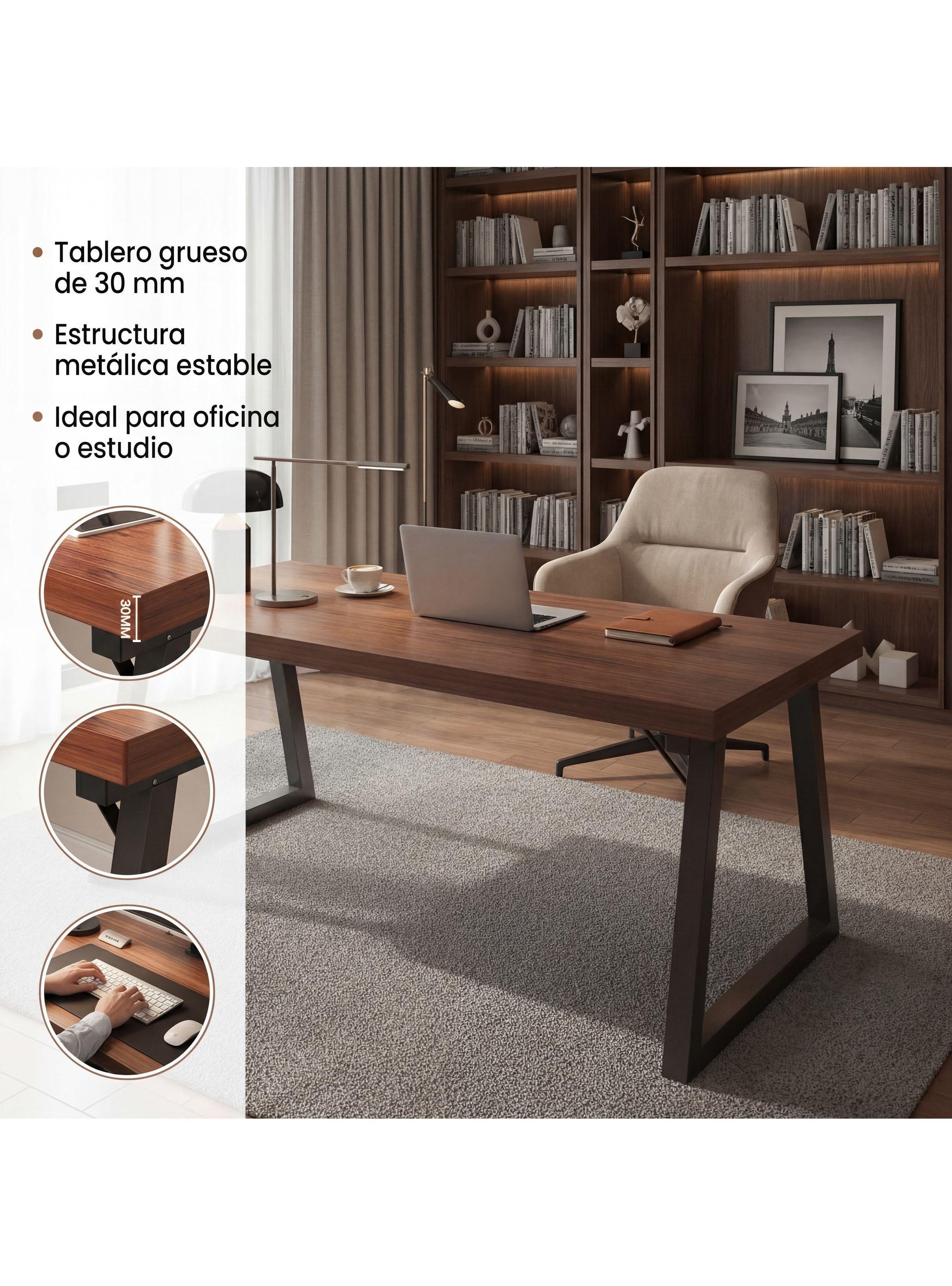 Escritorio Pata Metal Oficina 120x60x75cm Gruesa 30mm Marrón Oscuro-2